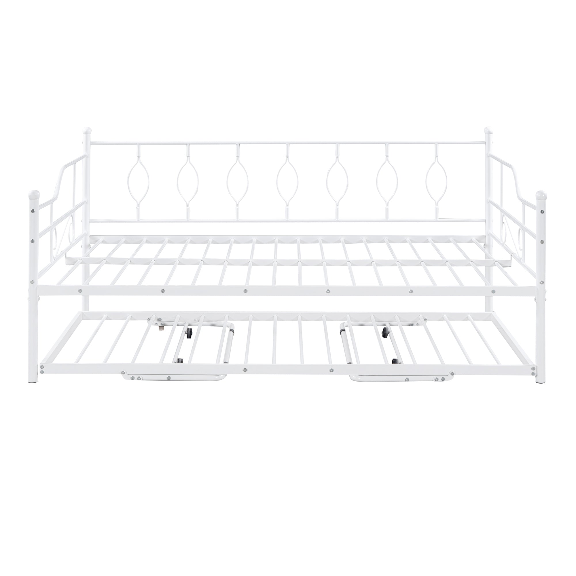 Full Size Metal Daybed with Twin Size Adjustable Trundle, Portable Folding Trundle, White(OLC SKU:MF293730AAK)