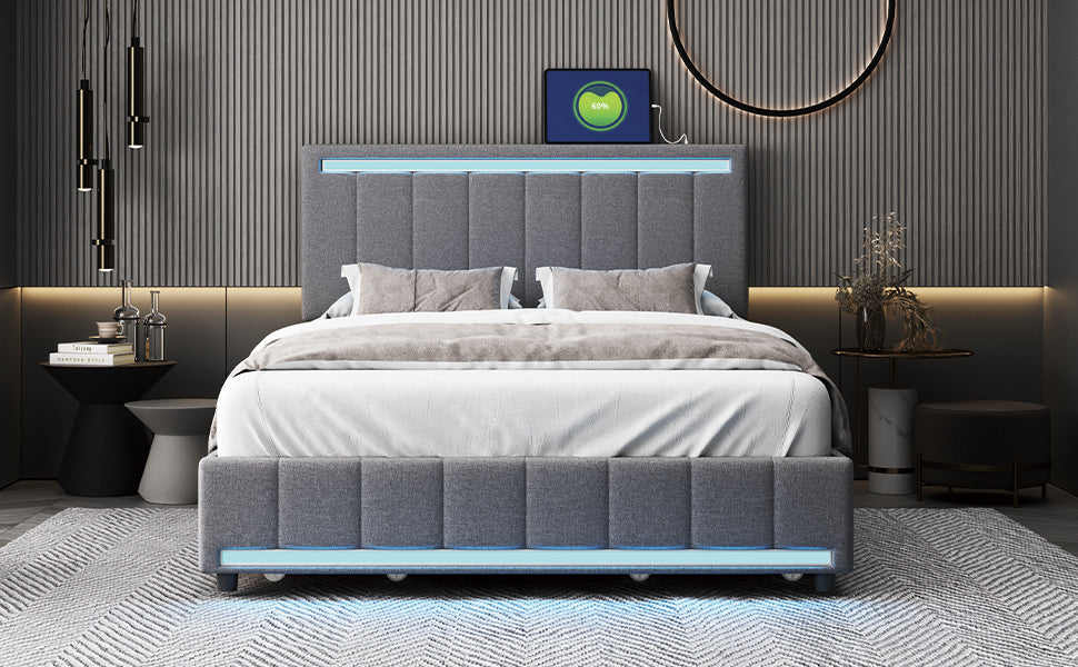 Full Size Upholstered Bed with LED Light and 4 Drawers, Modern Platform Bed with a set of Sockets and USB Ports, Linen Fabric, Gray