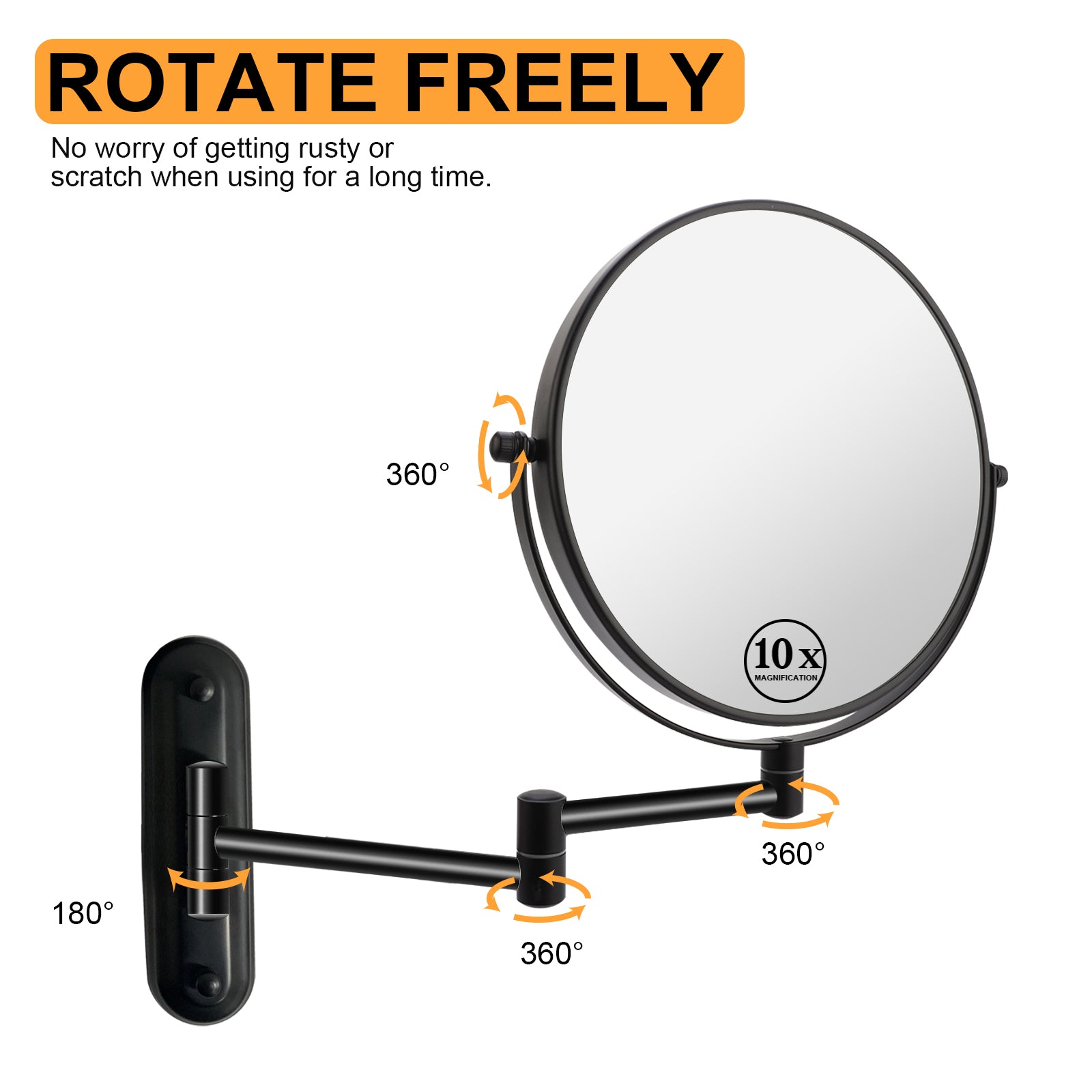 8 Inch Wall Mounted Makeup Vanity Mirror, Double Sided 1x/10x Magnifying Mirror, 360° Swivel with Extension Arm Bathroom Mirror (Black)