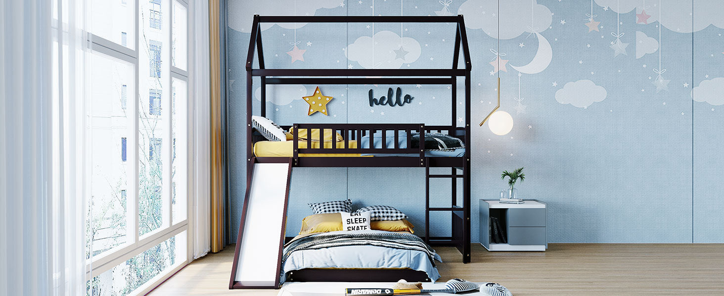 Twin Over Twin Bunk Bed with Slide, House Bed with Slide, Espresso(OLD SKU: LT000214AAP)