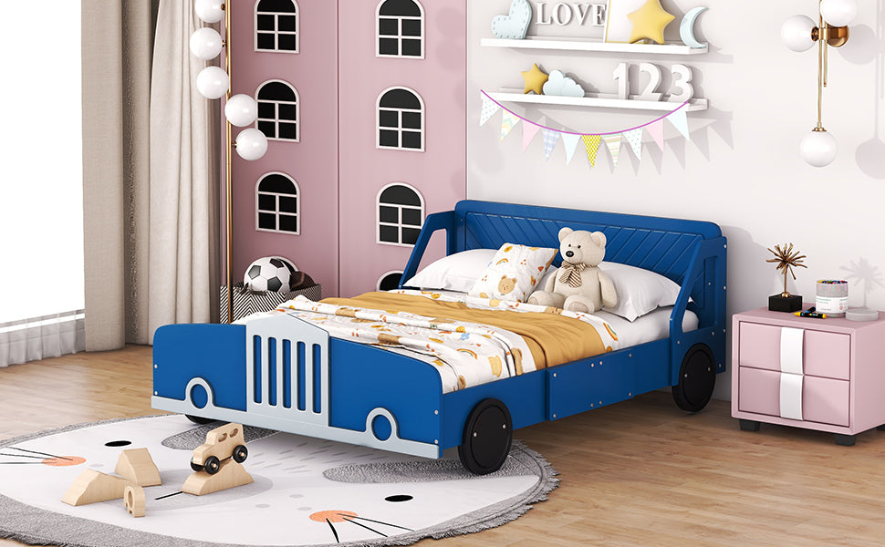 Full Size Car-Shaped Platform Bed with Wheels,Blue