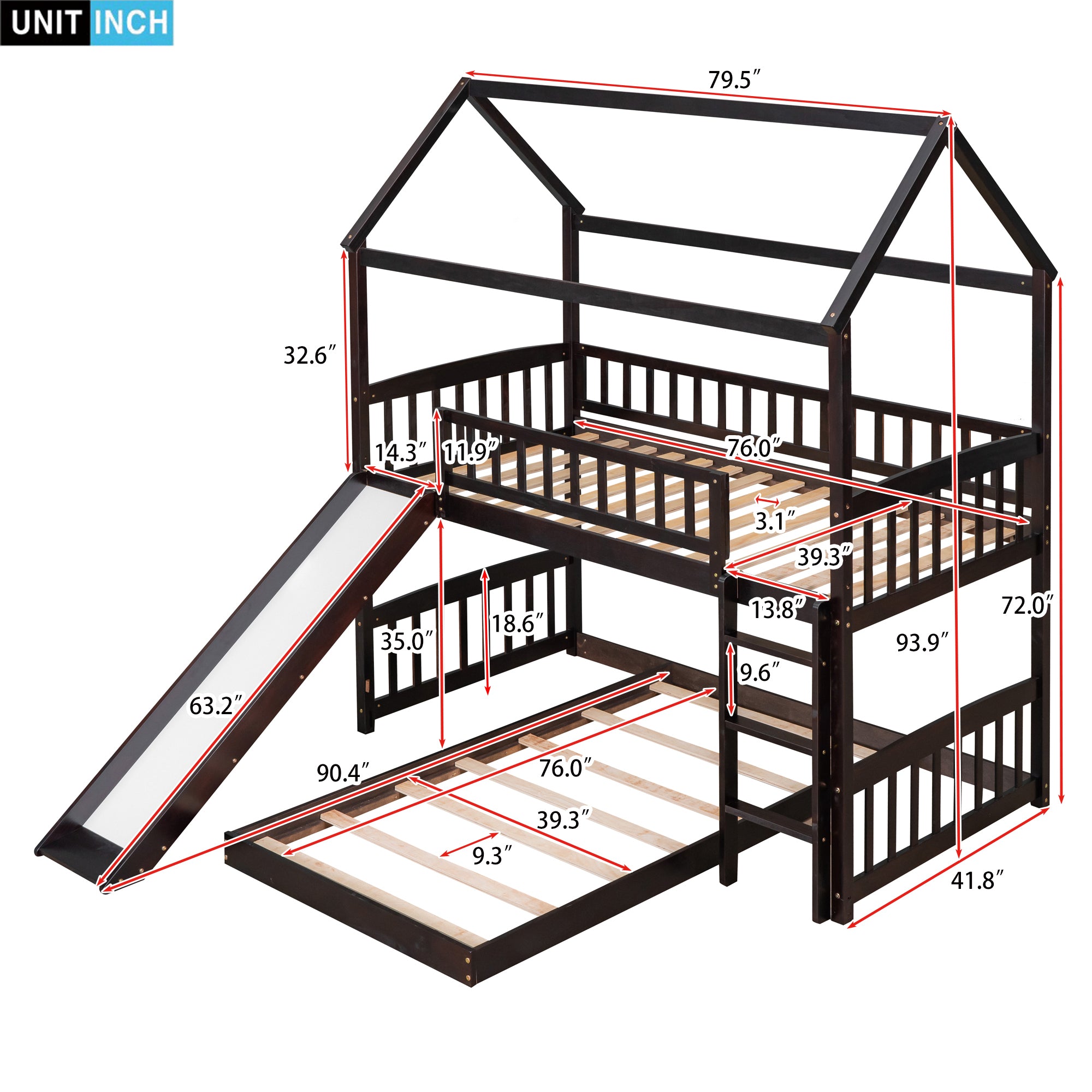 Twin Over Twin Bunk Bed with Slide, House Bed with Slide, Espresso(OLD SKU: LT000214AAP)