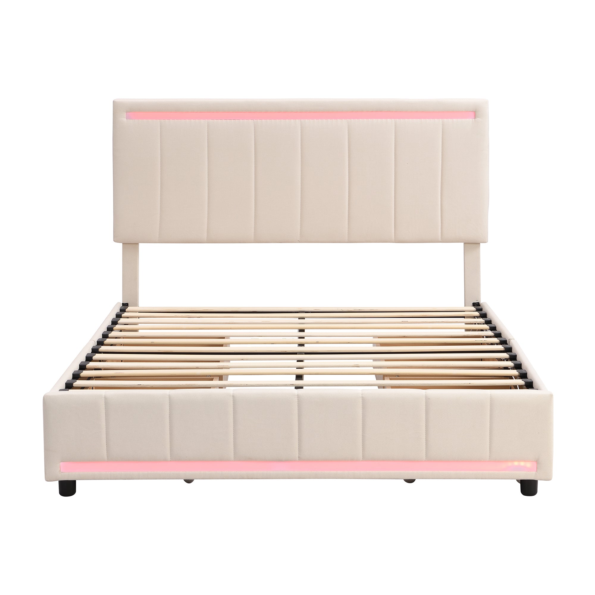 Full Size Upholstered Bed with LED Light and 4 Drawers, Modern Platform Bed with a set of Sockets and USB Ports, Linen Fabric, Beige