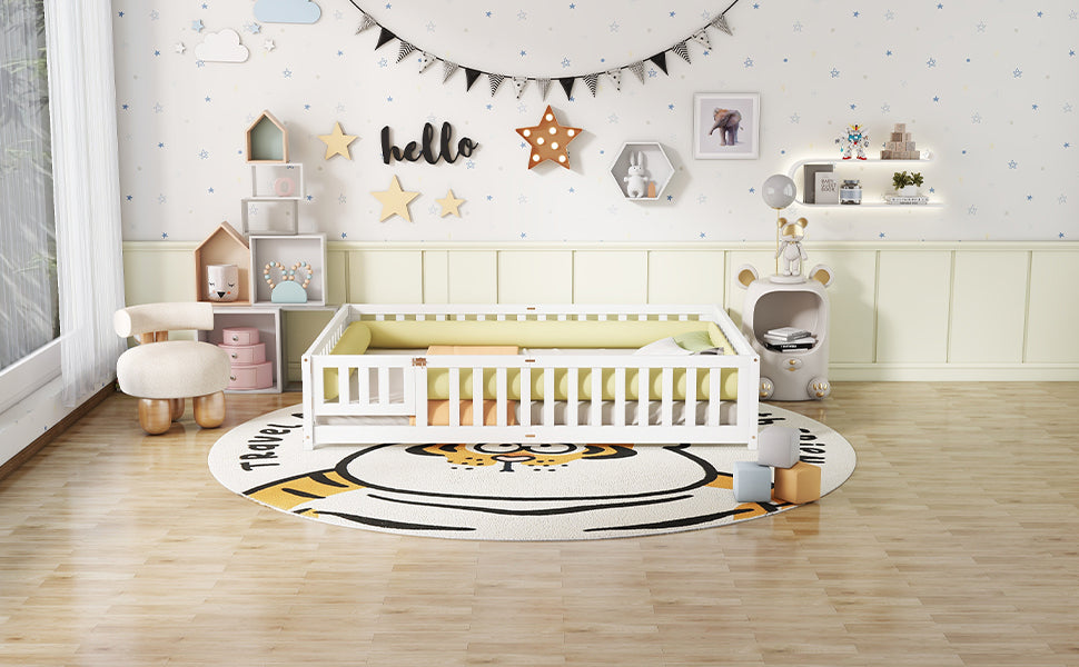 Queen Size Bed Floor Bed with Safety Guardrails and Door for Kids, White (Expect Arrival Date Nov.2nd)