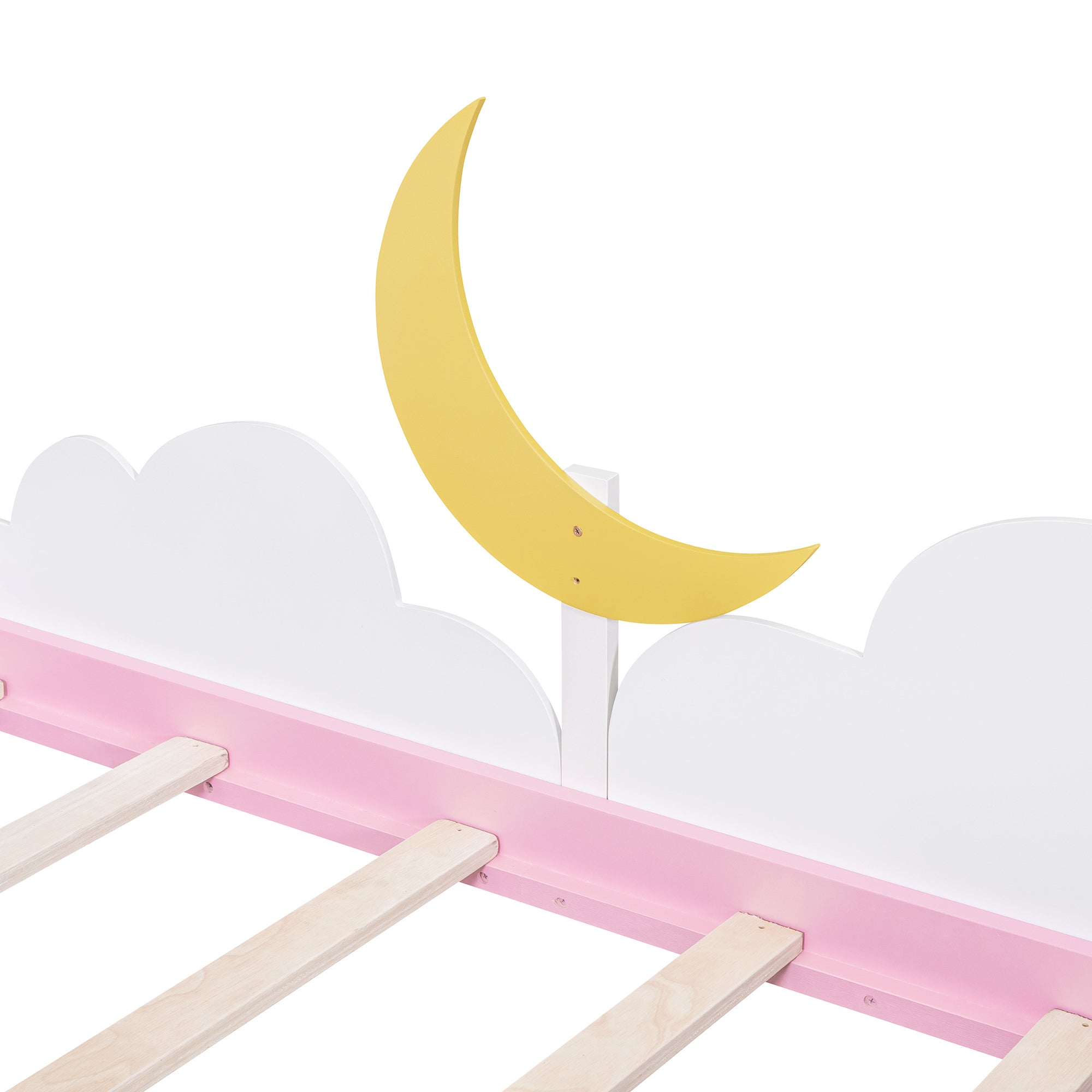 Twin Size Bed with Moon Decor, Platform Bed with 2 Drawers (White+Pink)