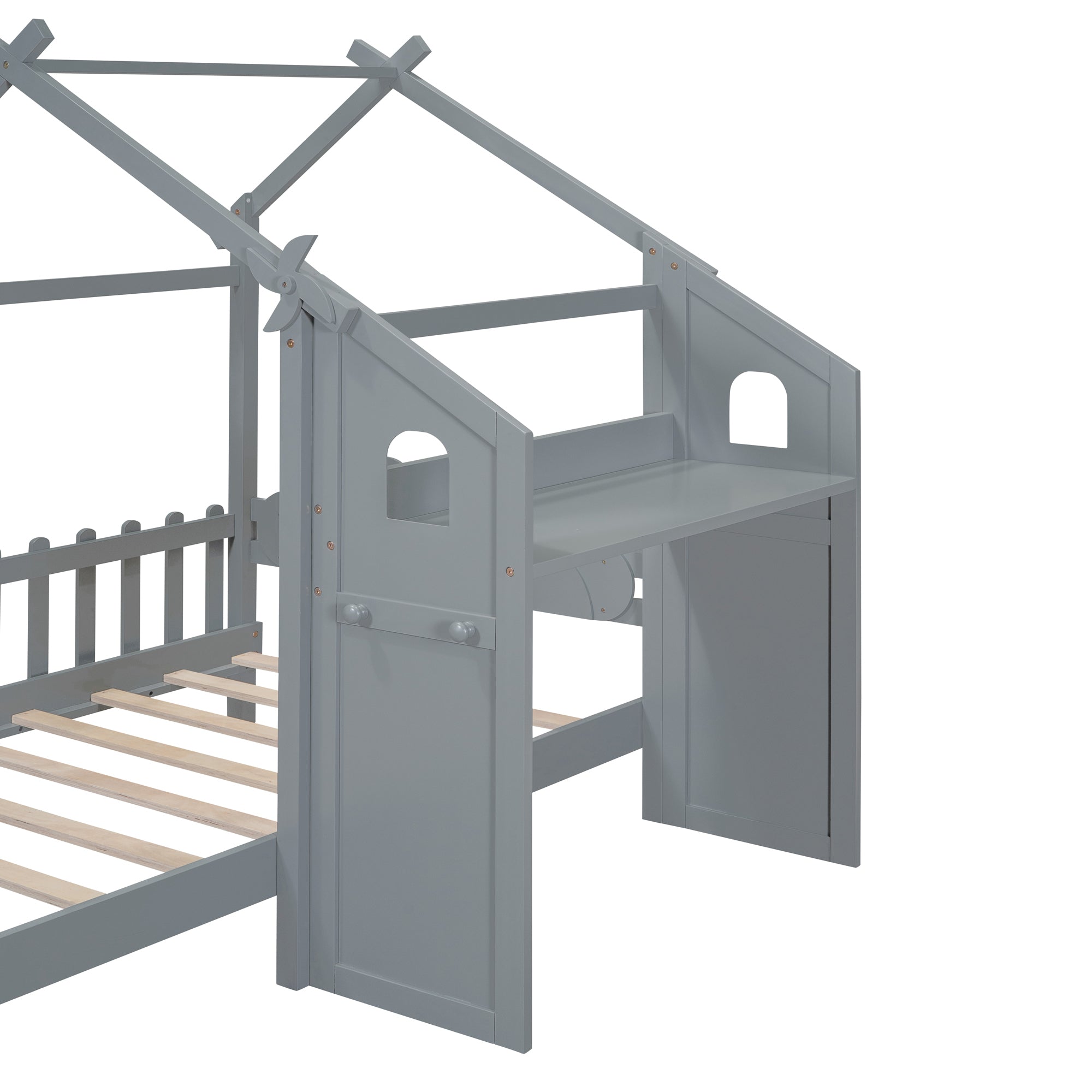 Twin Size Platform Bed with Windmill and Flower Decor, House Bed with Desk and two Handles, Gray