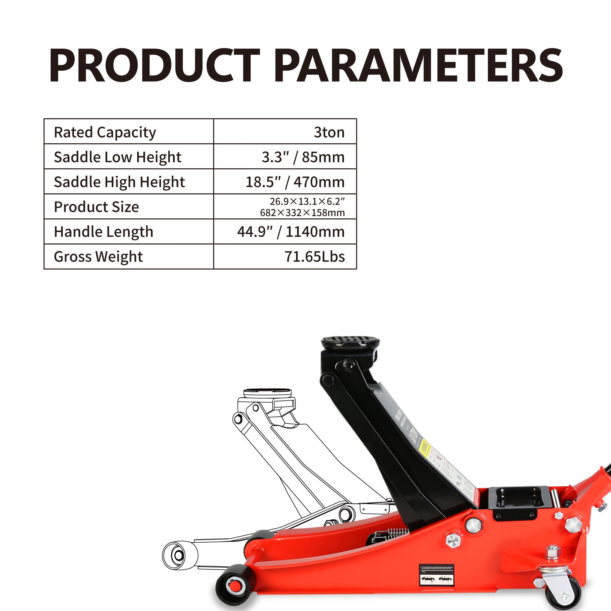 Hydraulic Low Profile and Steel Racing Floor Jack with Dual Piston Quick Lift Pump,3 Ton (6600 lb) Capacity, Lifting range 3.3"-18.5"