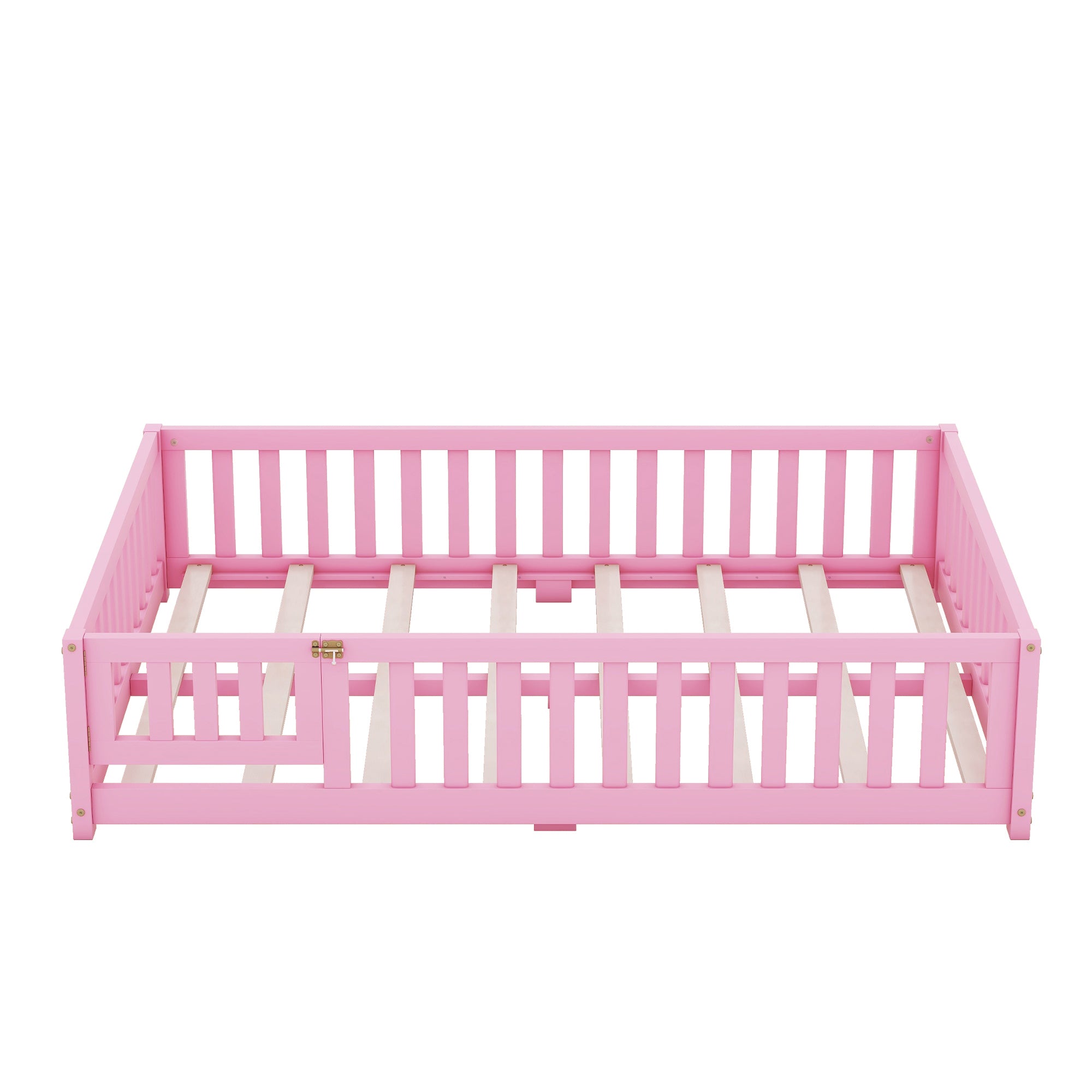 Full Size Bed Floor Bed with Safety Guardrails and Door for Kids, Pink (Expect Arrival Date Nov.2nd)
