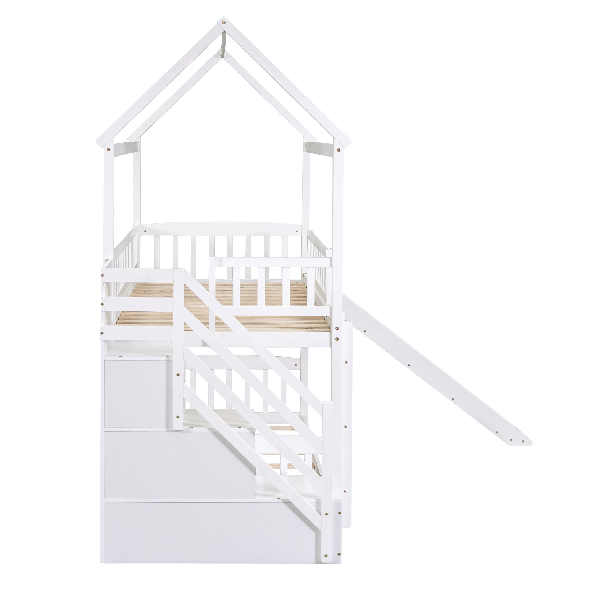 Twin Over Twin Bunk Bed with Drawers and Slide, House Bed with Slide,White(OLD SKU :LT000215AAK)