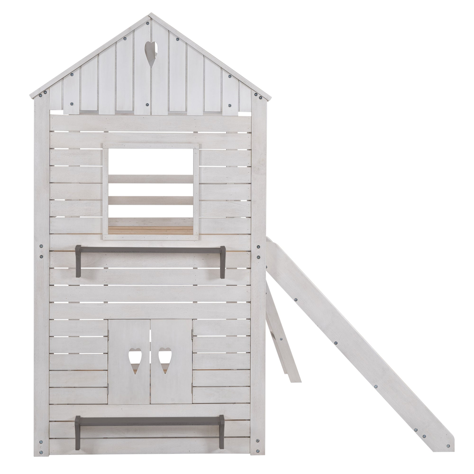 Twin Over Twin Bunk Bed Wood Bed with Roof, Window, Slide, Ladder ,Antique White(OLD SKU:LP000059AAK)