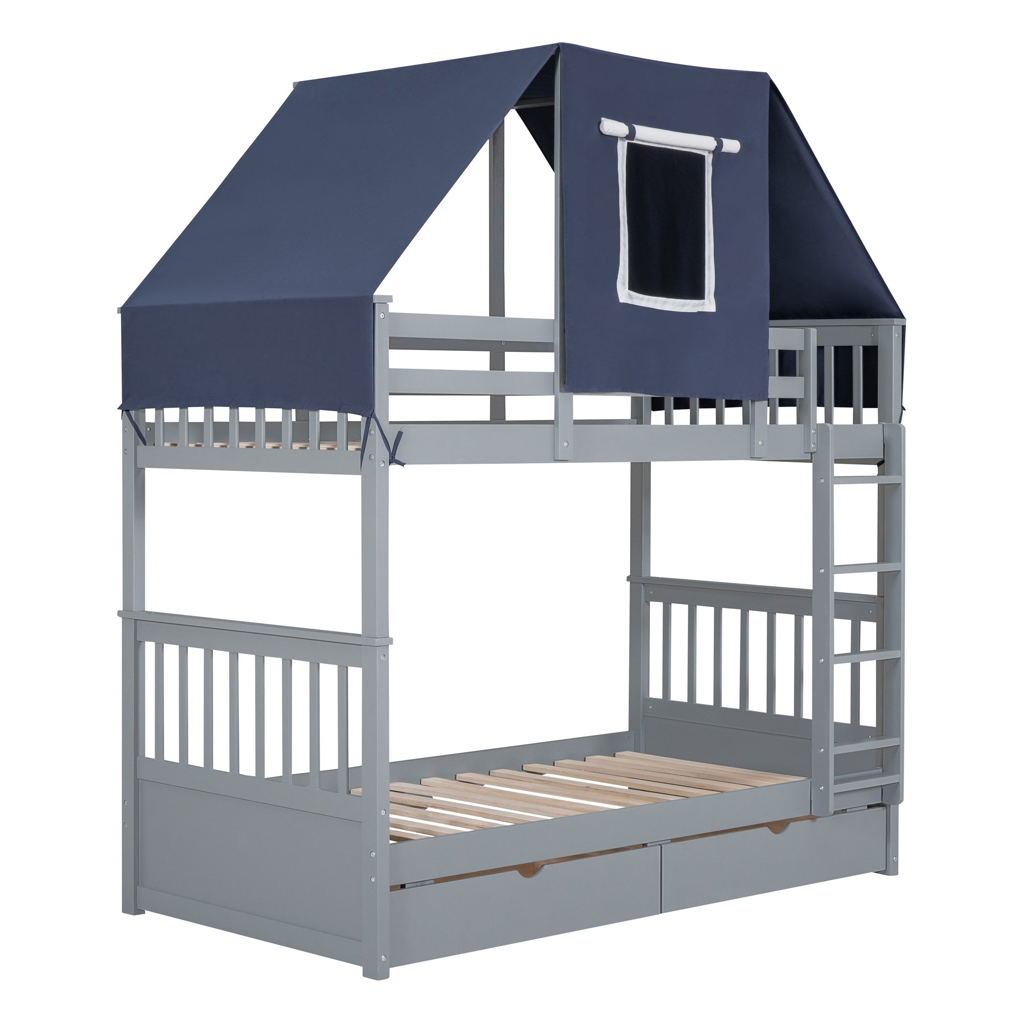 Twin Over Twin Bunk Bed Wood Bed with Tent and Drawers, Gray+Blue Tent