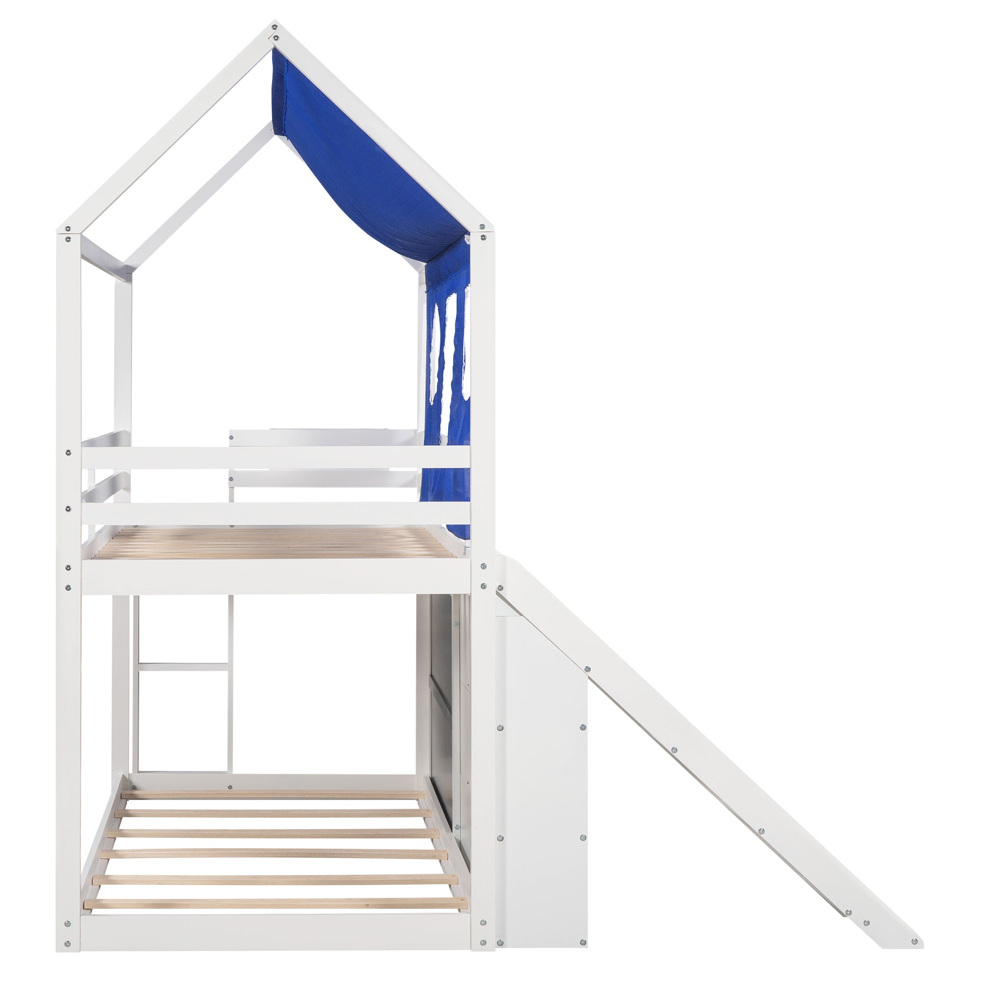 Twin over Twin House Bunk Bed with Blue Tent, Slide, Shelves and Blackboard, White