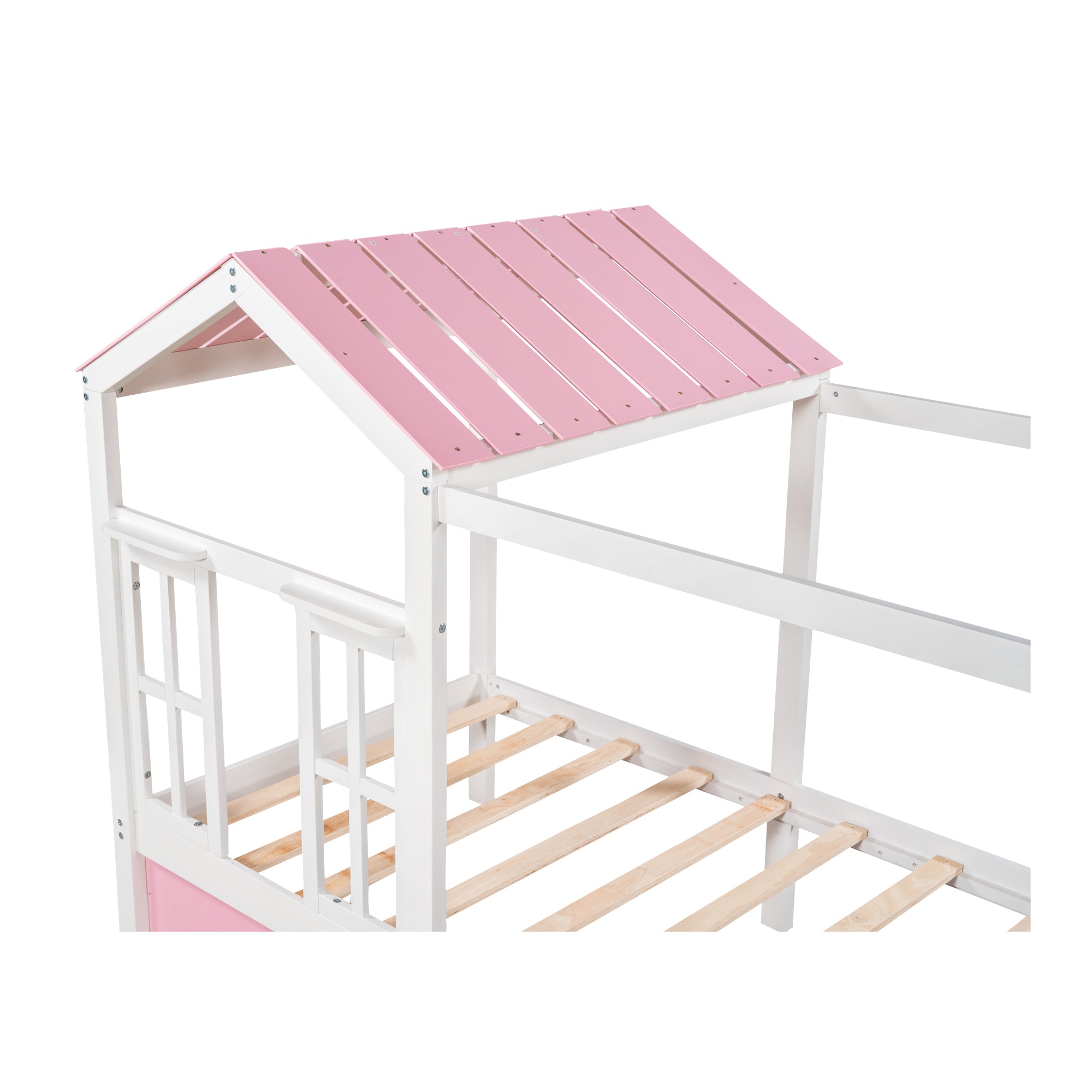 Twin Size House Bed with Roof, Window and Drawer - Pink + White
