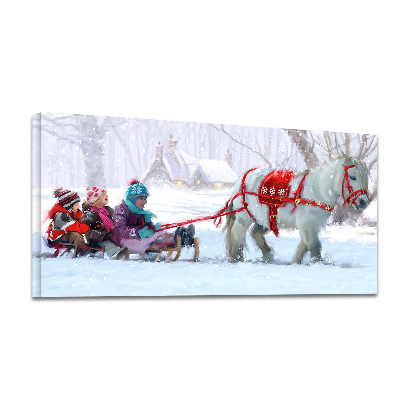 Framed Canvas Wall Art Decor Painting For Chrismas, Kids on White Horse Sledge Painting For Chrismas Gift, Decoration For Chrismas Eve Office Living Room, Bedroom Decor-Ready To Hang