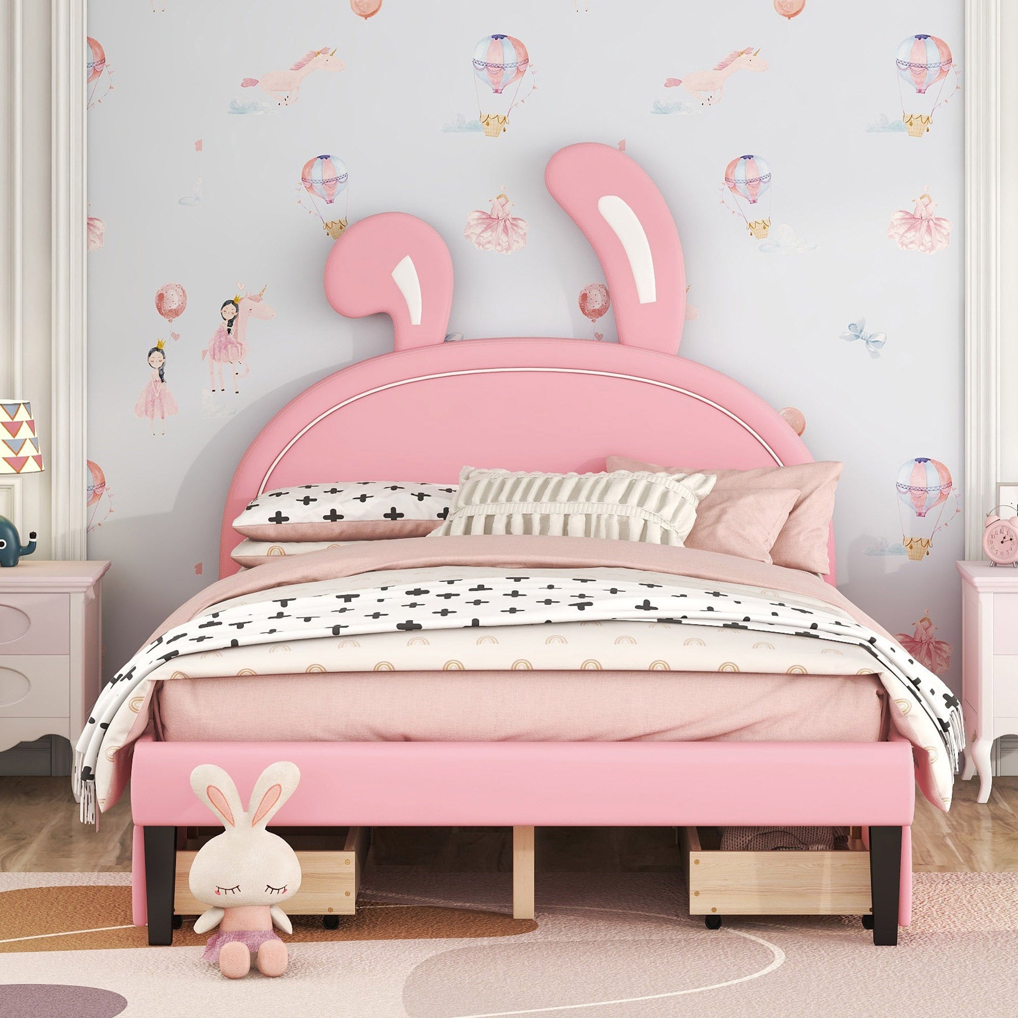 Full Size Upholstered Leather Platform Bed with Rabbit Ornament and 4 Drawers, Pink