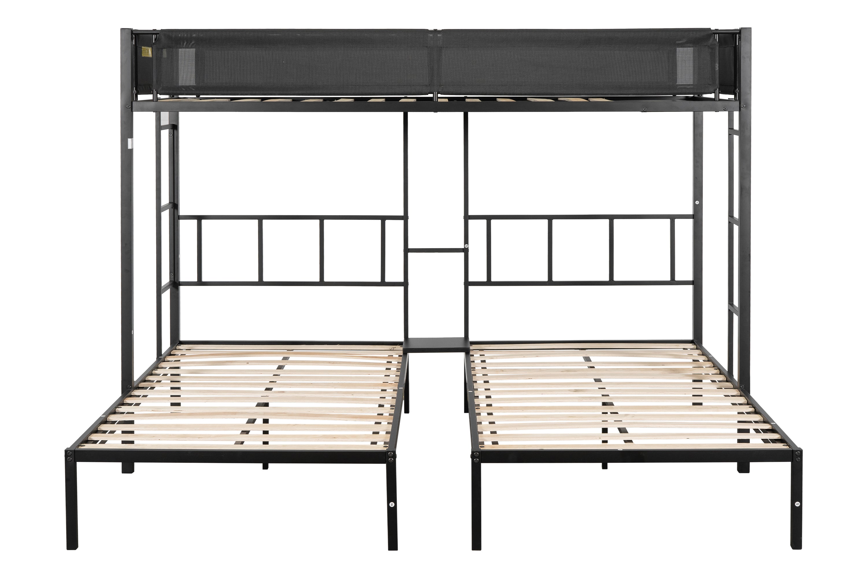 Metal Triple Twin Bunk Bed/ Sturdy Metal Bed Frame/ Noise-free Wood Slats/ Comfortable Textilene Guardrail/ 2 Side Ladders/ Bunk Bed for Three/ No Box Spring Needed