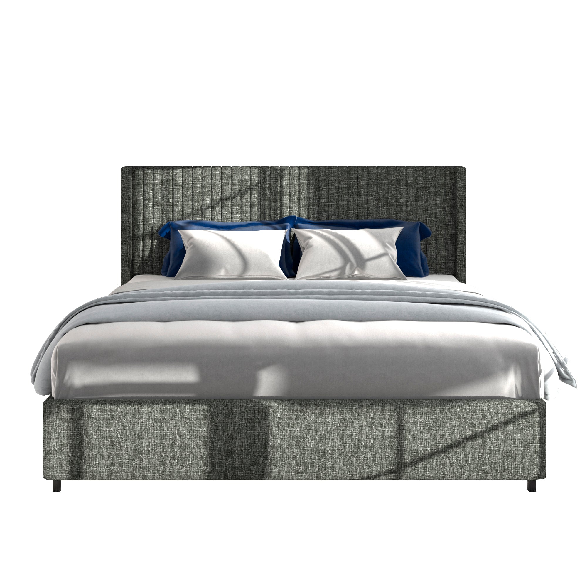 Anna Full Size Gray Velvet Upholstered Wingback Platform Bed with Patented 4 Drawers Storage, Modern Design Headboard with Tight Channel, Wooden Slat Mattress Support No Box Spring Needed