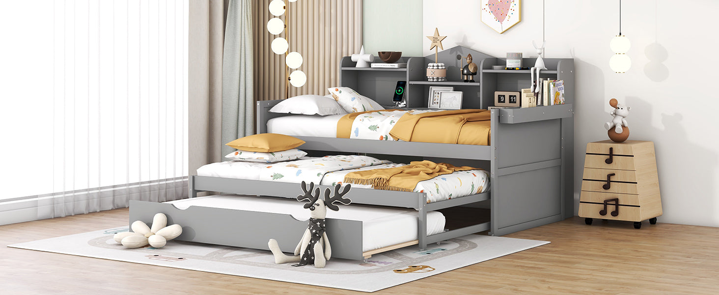 Twin XL Wooden Daybed with 2 Twin Trundles and Storage Shelf, Daybed with USB Charging Ports, No Box-spring Needed, Gray