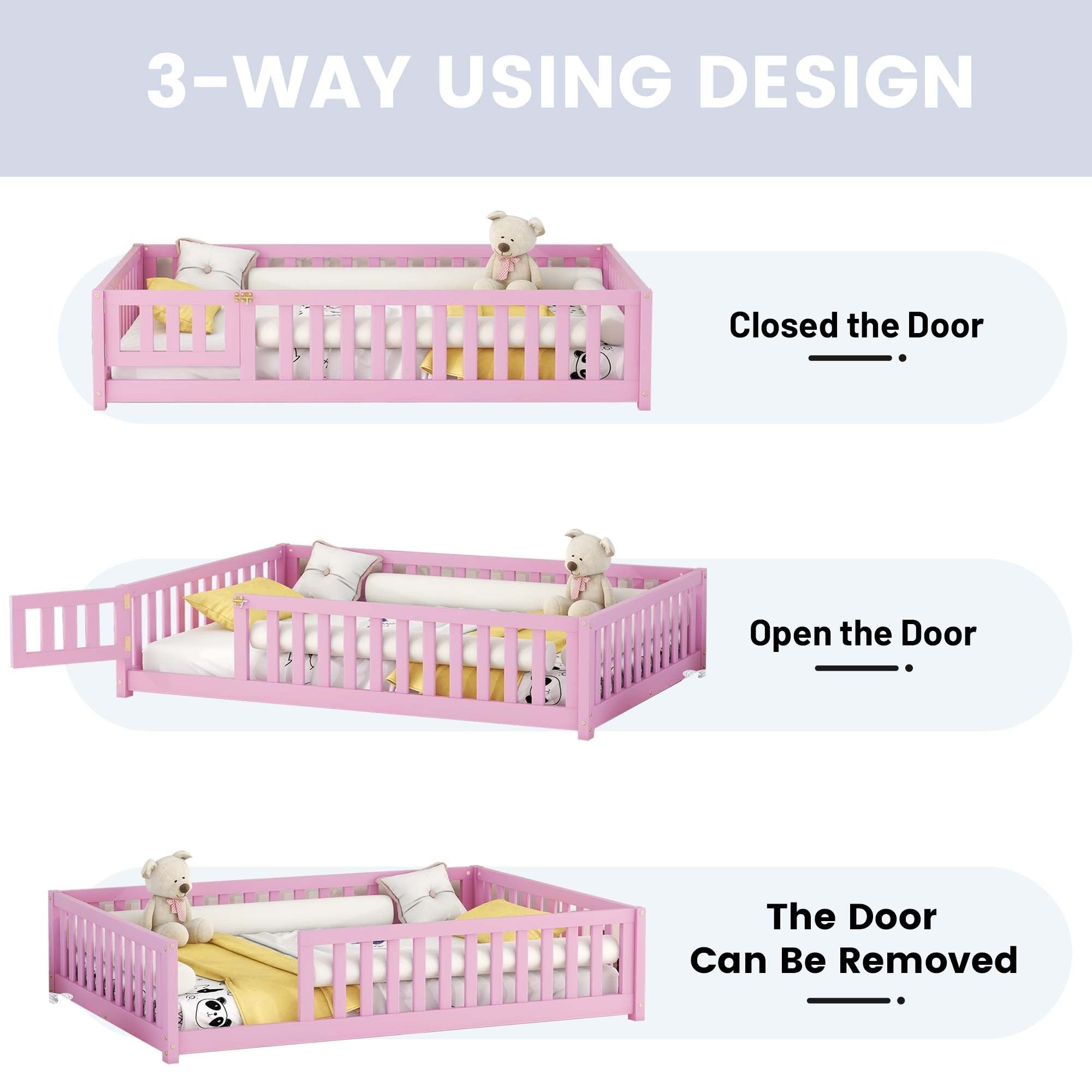 Full Size Bed Floor Bed with Safety Guardrails and Door for Kids, Pink (Expect Arrival Date Nov.2nd)