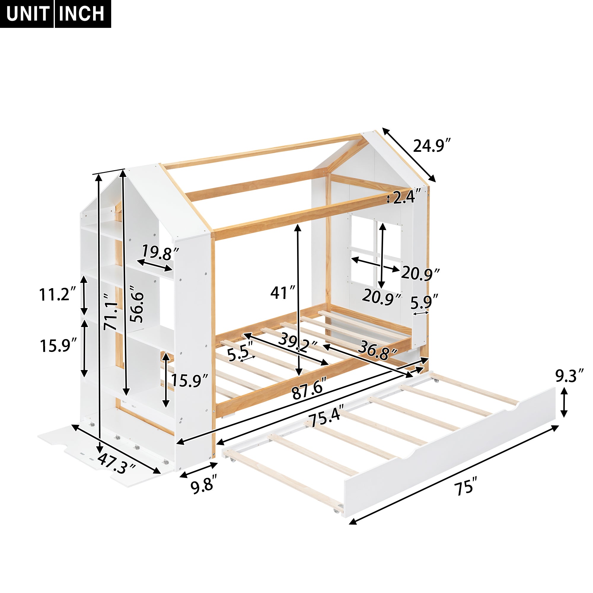 Twin Size House Platform Bed with Storage Shelves and Twin Size Trundle, White