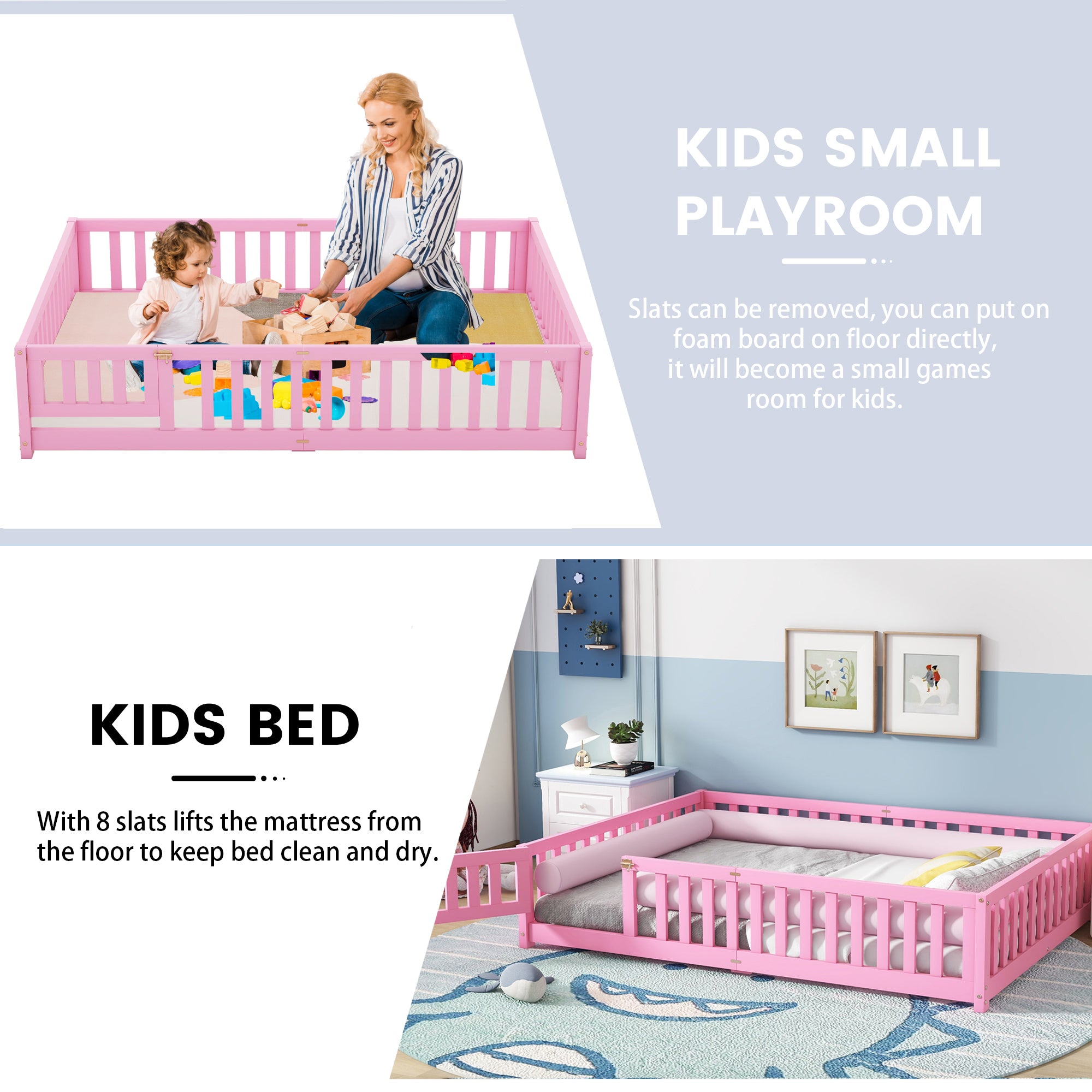 Queen Size Bed Floor Bed with Safety Guardrails and Door for Kids, Pink (Expect Arrival Date Nov.2nd)