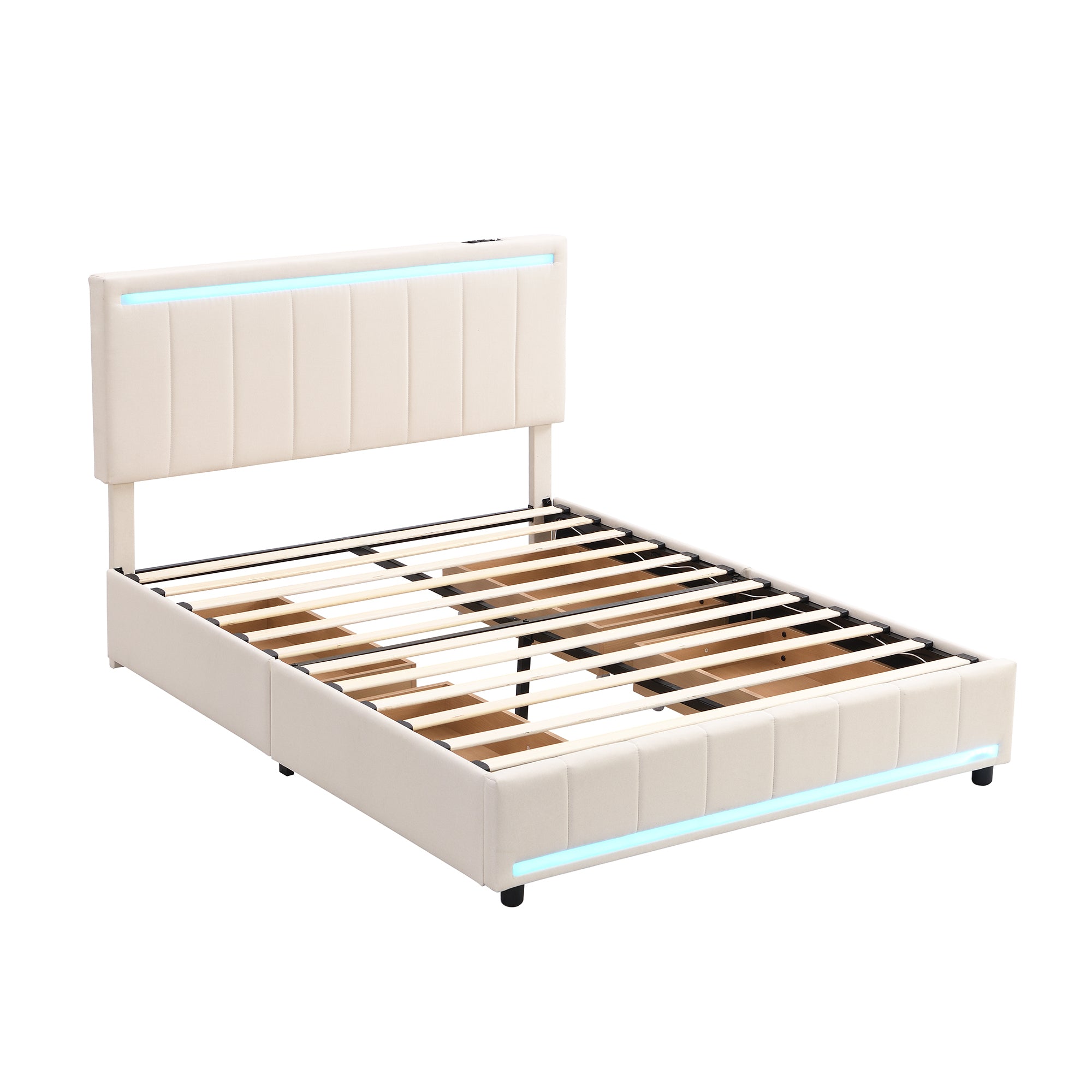 Full Size Upholstered Bed with LED Light and 4 Drawers, Modern Platform Bed with a set of Sockets and USB Ports, Linen Fabric, Beige