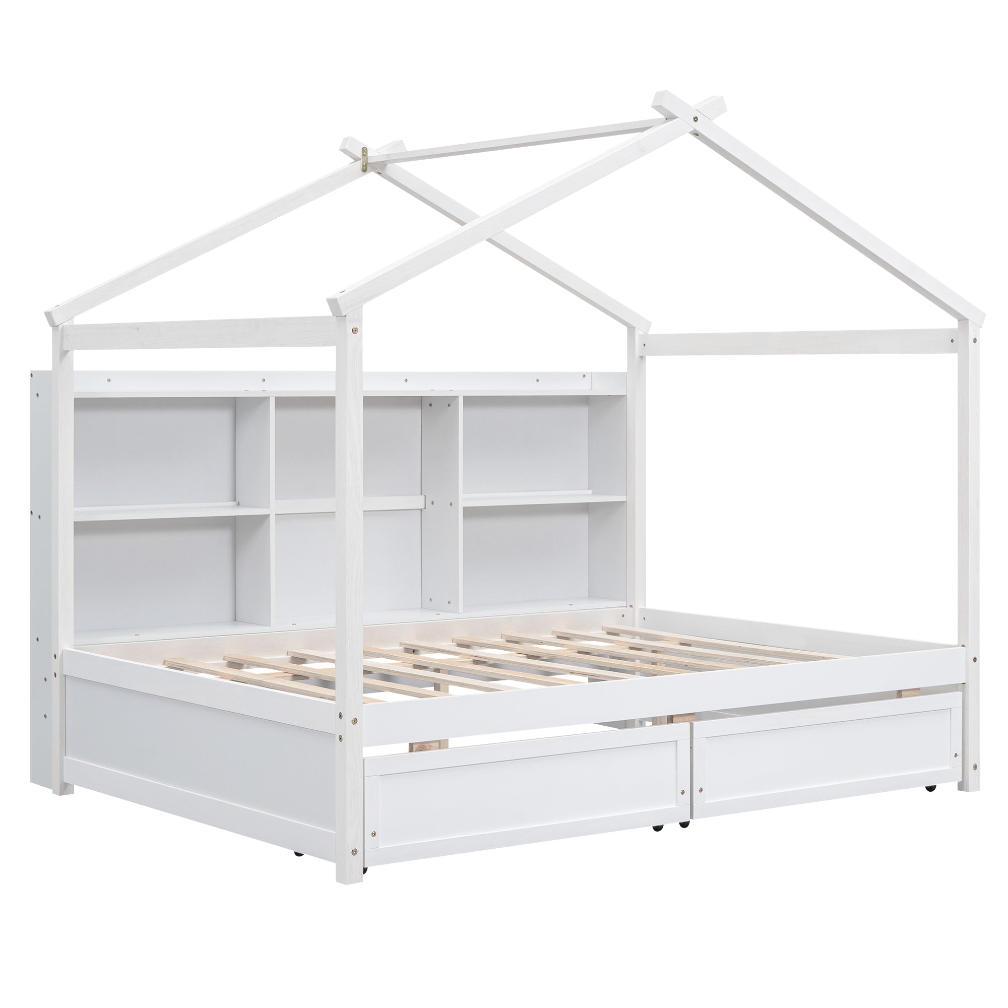Full Size House Bed with Storage Shelves and 2 Drawers, Brushed White