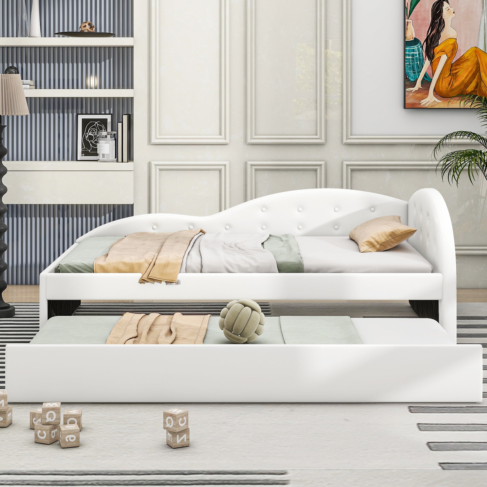 Twin Size PU Upholstered Tufted Daybed with Trundle and Cloud Shaped Guardrail, White