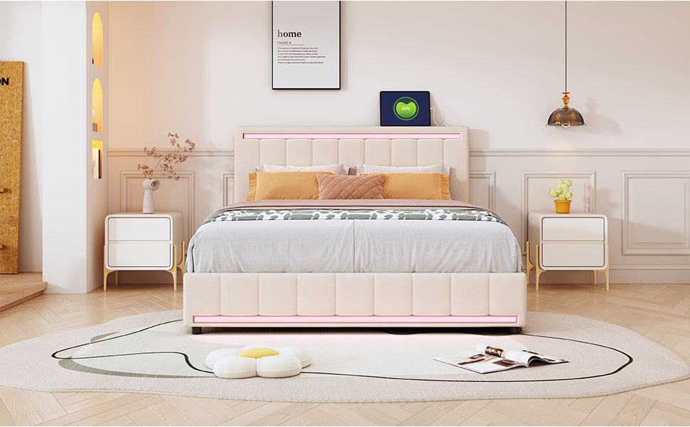 Queen Size Upholstered Bed with LED Light and 4 Drawers, Modern Platform Bed with a set of Sockets and USB Ports, Linen Fabric, Beige