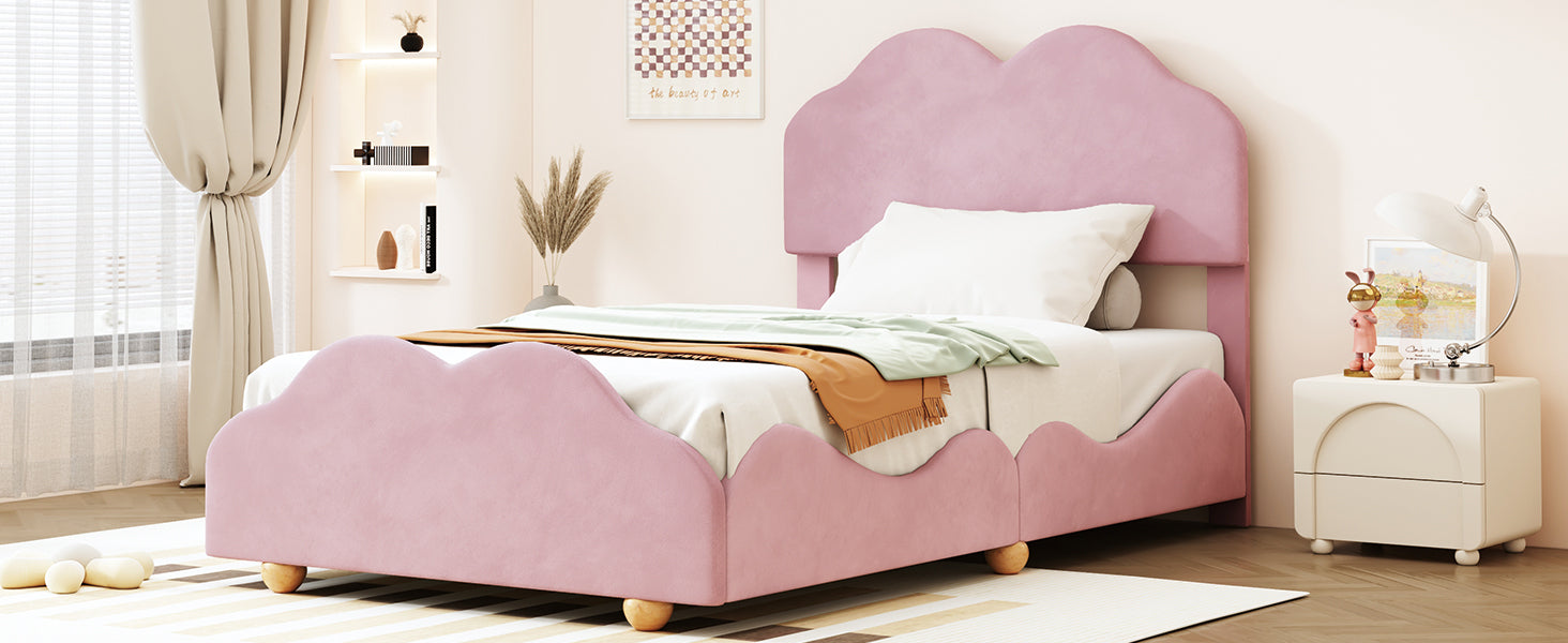 Twin Size Upholstered Platform Bed with Cloud Shaped bed board, Light Pink