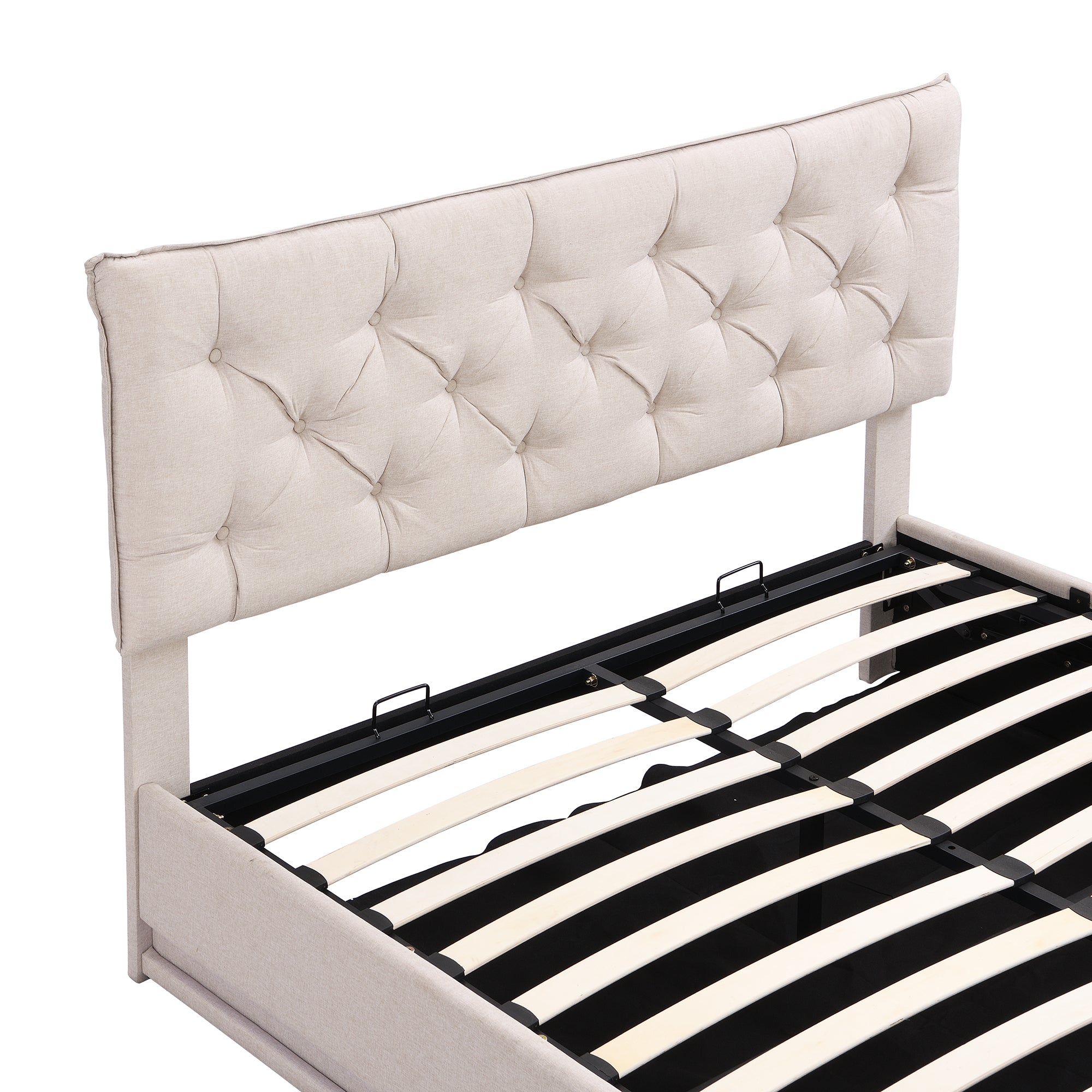 Queen Size Upholstered Bed with Hydraulic Storage System and LED Light, Modern Platform Bed with Button-tufted Design Headboard, Beige