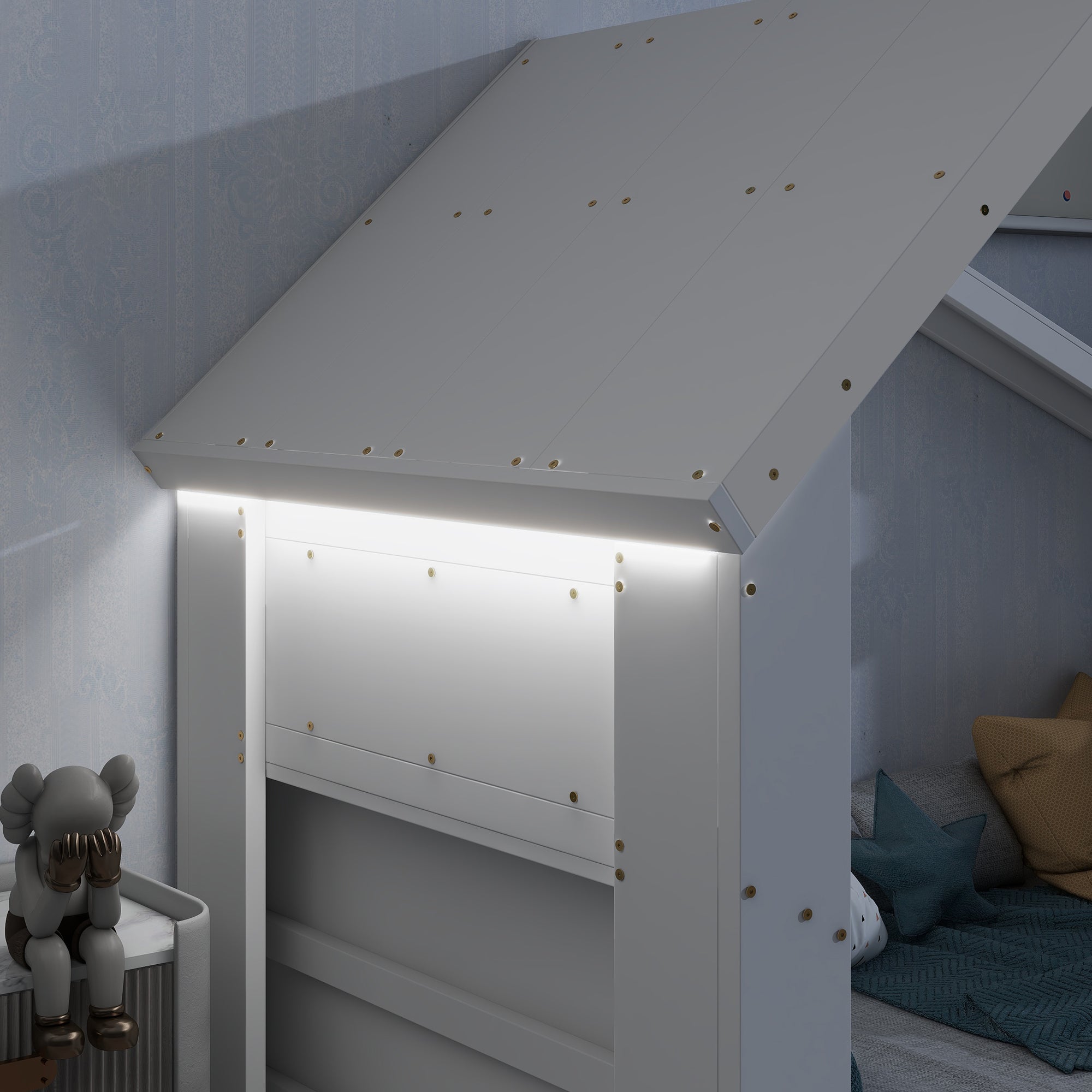 Twin House Floor Bed with Roof Window, LED Light,White