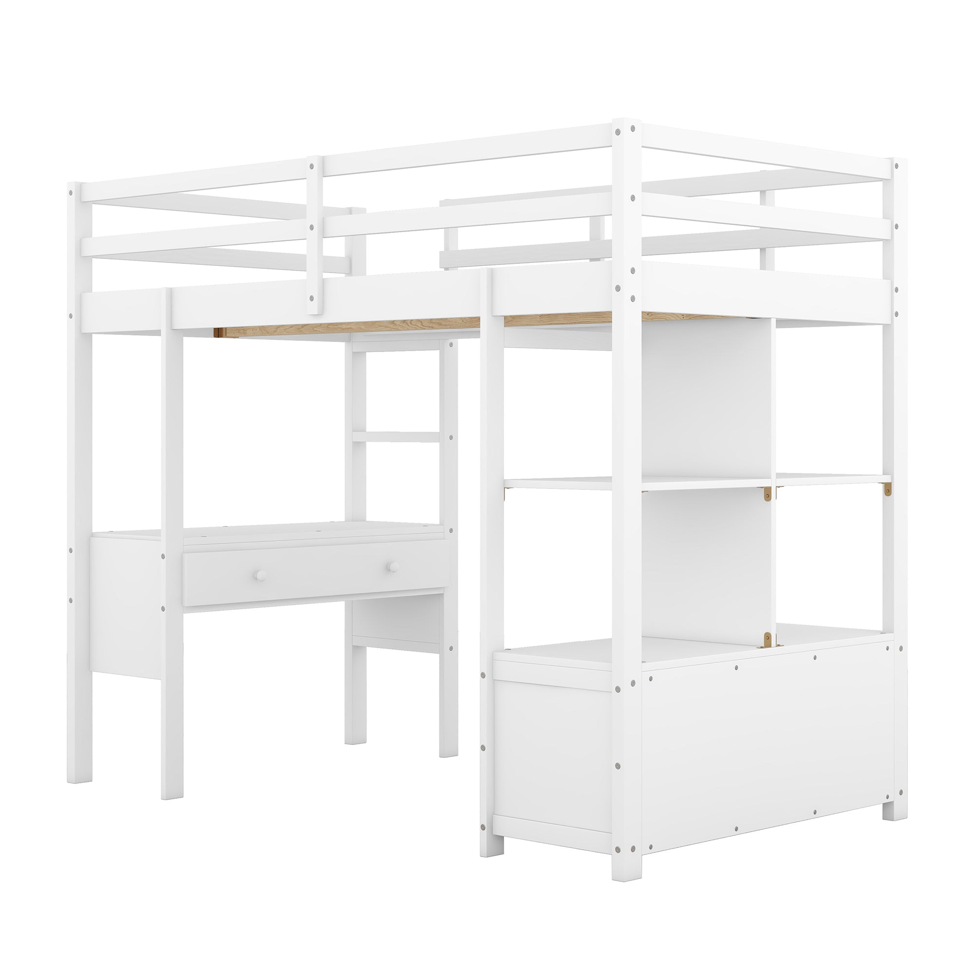 Twin Size Loft Bed with Built-in Desk with Two Drawers, and Storage Shelves and Drawers,White