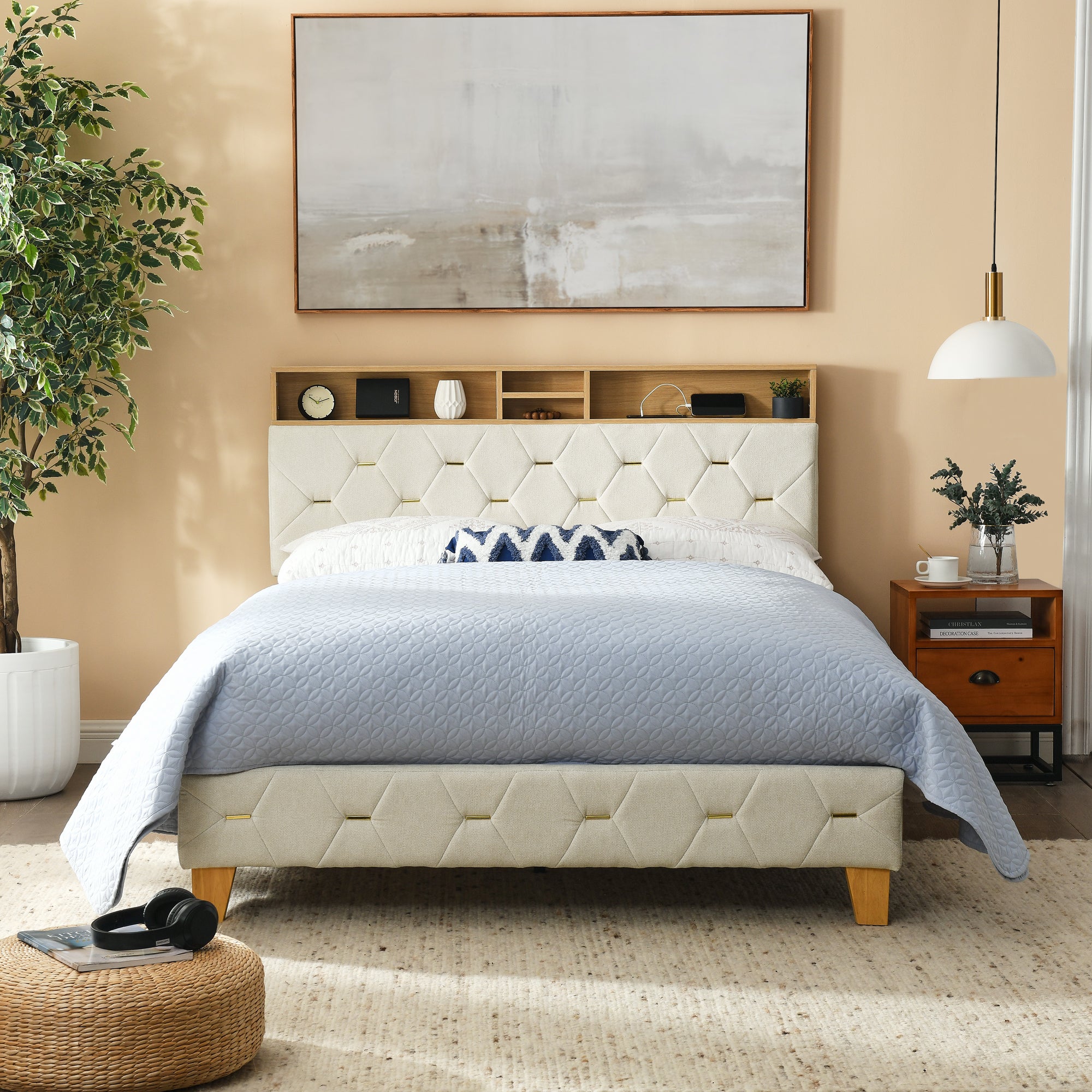 Full Size Bed Frame, Shelf Upholstered Headboard, Platform Bed with Outlet & USB Ports, Wood Legs, No Box Spring Needed, Easy Assembly, Beige