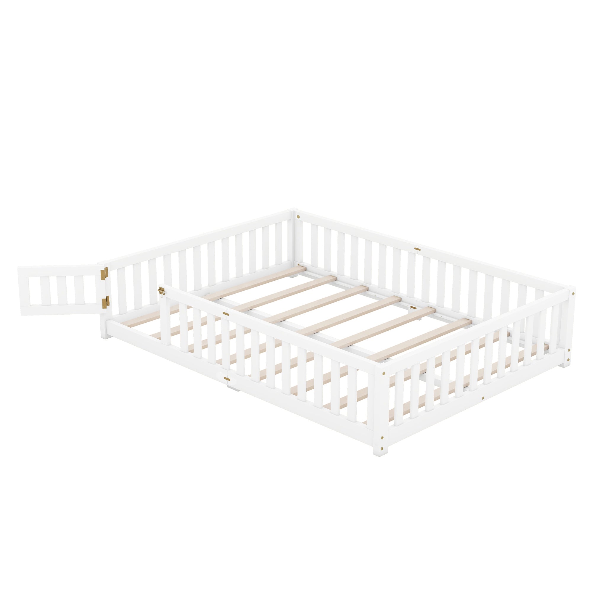 Queen Size Bed Floor Bed with Safety Guardrails and Door for Kids, White (Expect Arrival Date Nov.2nd)