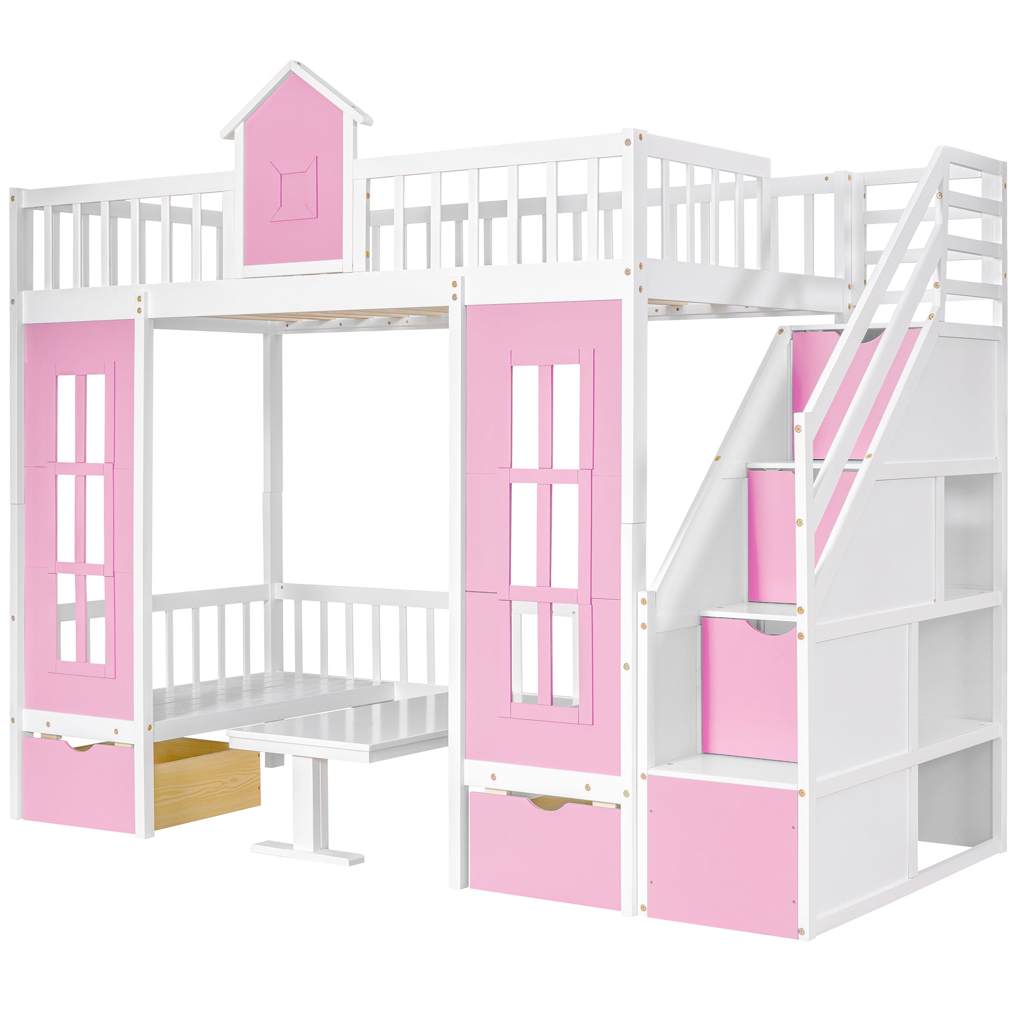 Twin-Over-Twin Bunk Bed with Changeable Table , Bunk Bed Turn into Upper Bed and Down Desk with 2 Drawers - Pink