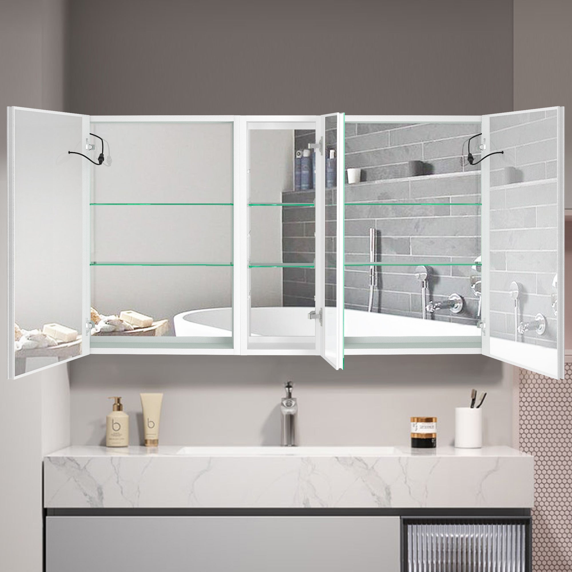 50x30 Inch LED Bathroom Medicine Cabinet Surface Mount Double Door Lighted Medicine Cabinet, Medicine Cabinets for Bathroom with Mirror Defogging, Dimmer White