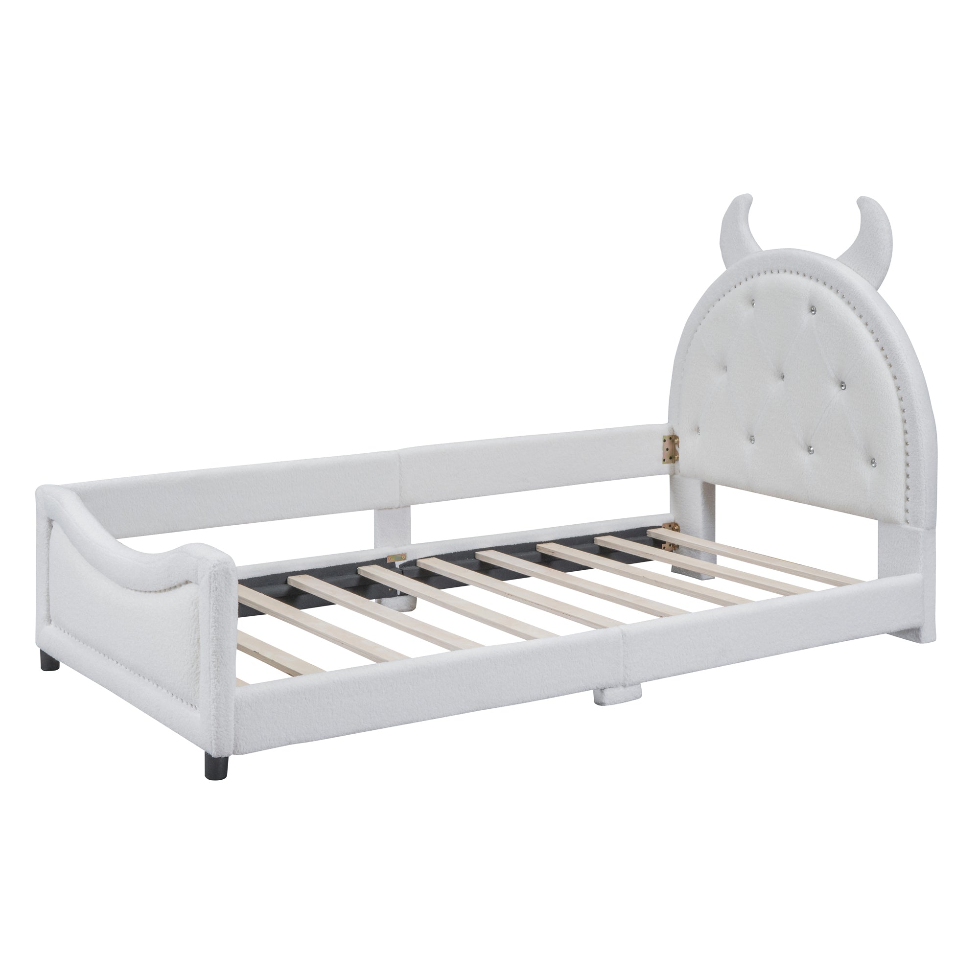 Teddy Fleece Twin Size Upholstered Daybed with OX Horn Shaped Headboard, White