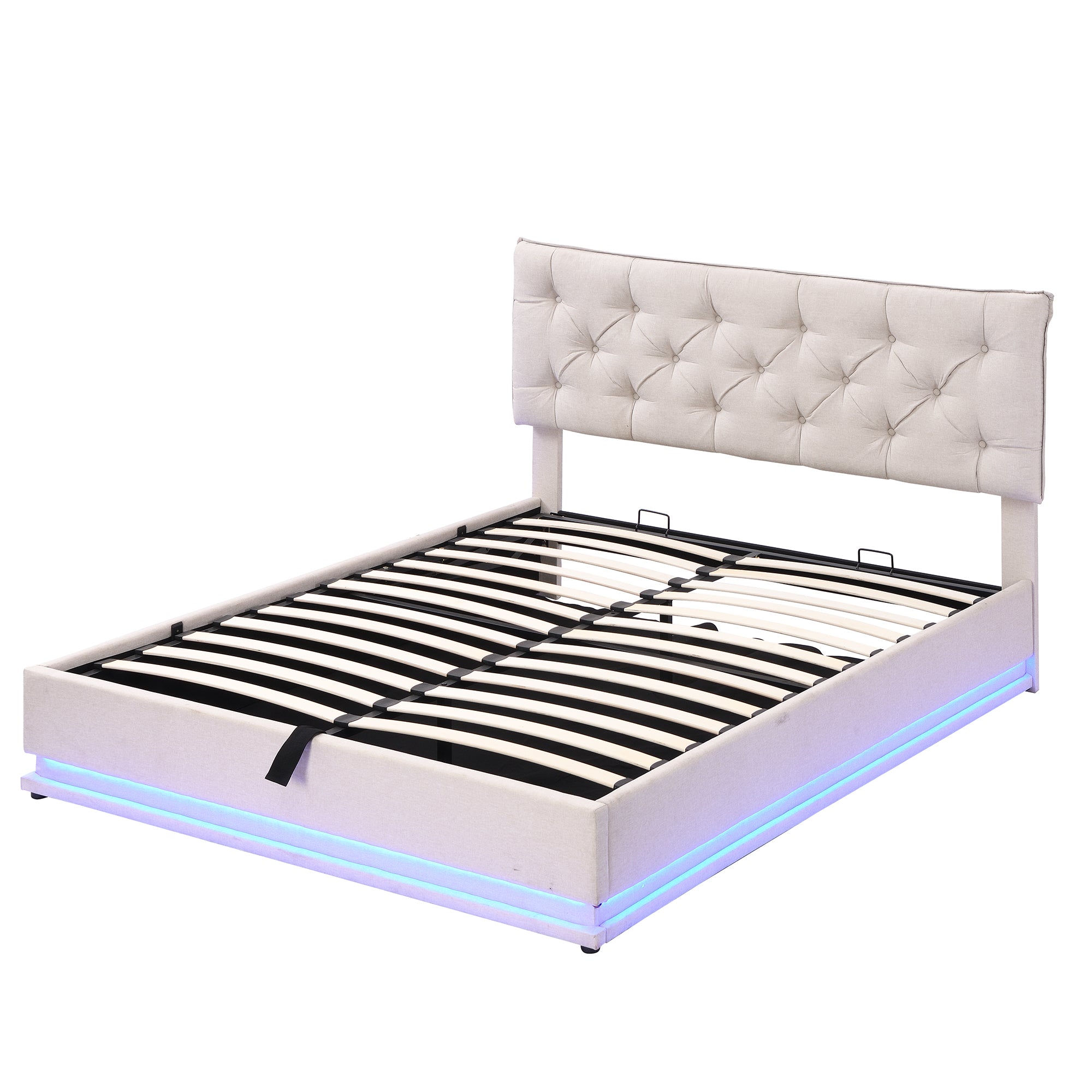 Queen Size Upholstered Bed with Hydraulic Storage System and LED Light, Modern Platform Bed with Button-tufted Design Headboard, Beige