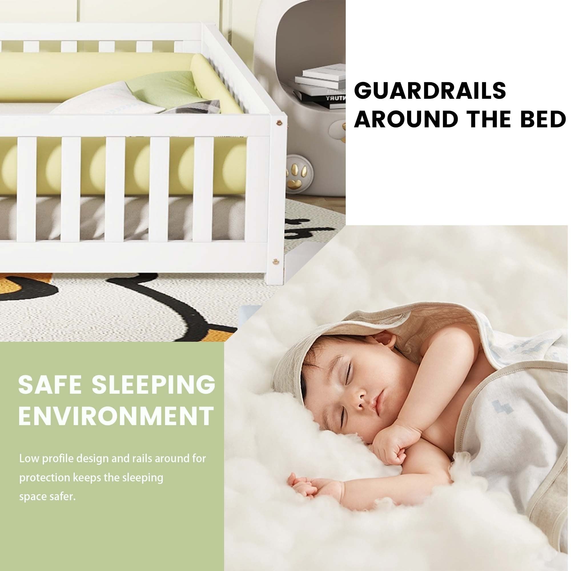 Queen Size Bed Floor Bed with Safety Guardrails and Door for Kids, White (Expect Arrival Date Nov.2nd)