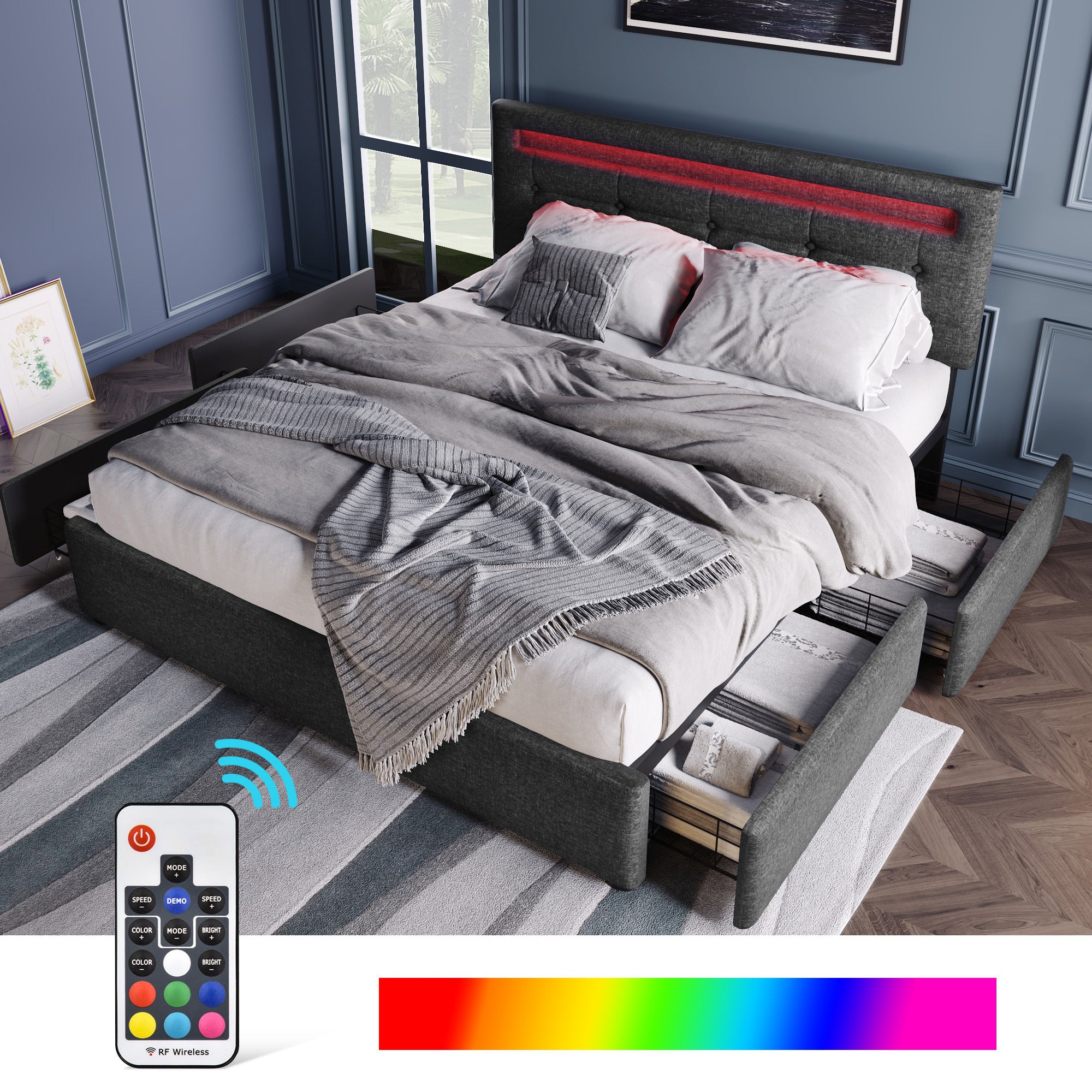 Bed Frame Queen Size, Upholstered Platform Bed Frame with 4 Storage Drawers and LED Lights & Adjustable Headboard,No Box Spring Needed,Grey