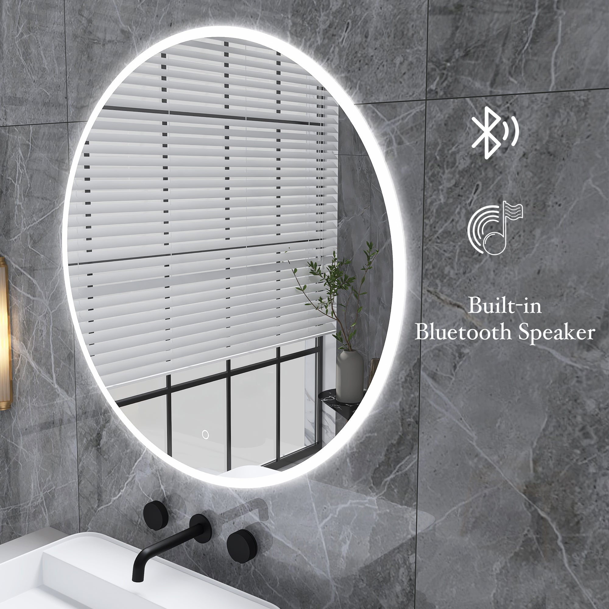Round Wall-Mounted Dimmable LED Bathroom Vanity Mirror with Defogger and Bluetooth Music Speaker
