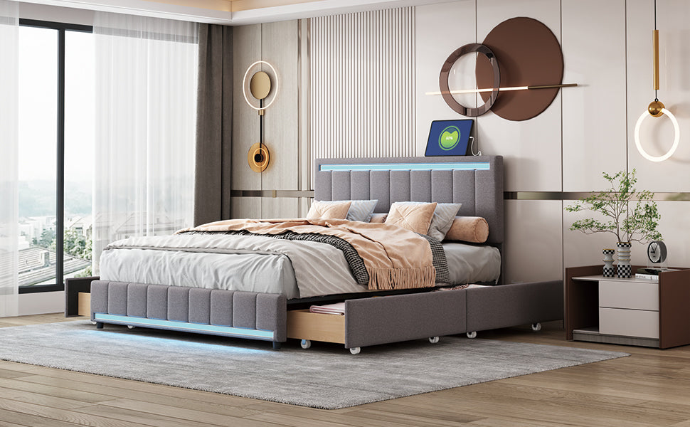 Queen Size Upholstered Bed with LED Light and 4 Drawers, Modern Platform Bed with a set of Sockets and USB Ports, Linen Fabric, Beige