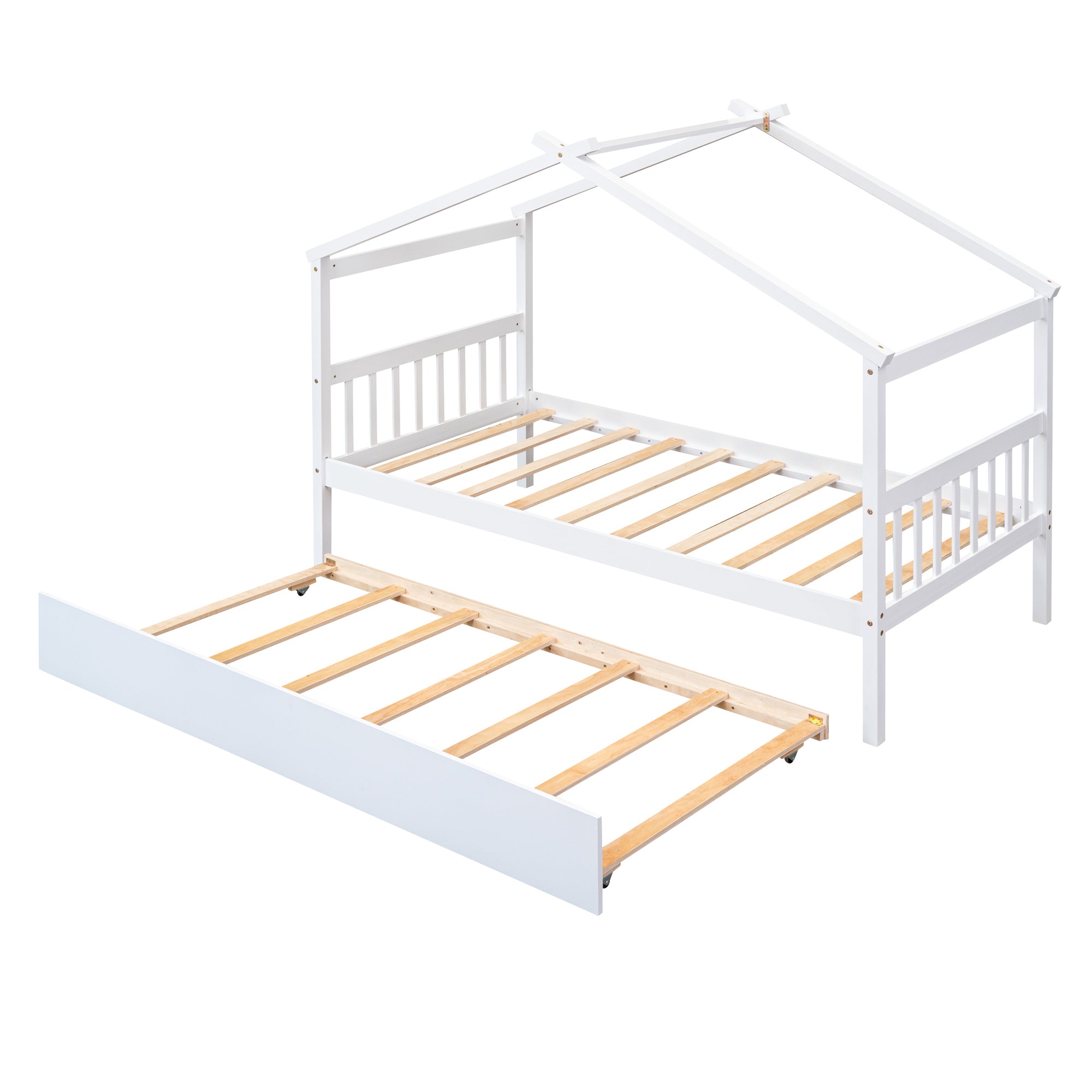 Twin Size Wooden House Bed with Twin Size Trundle, White