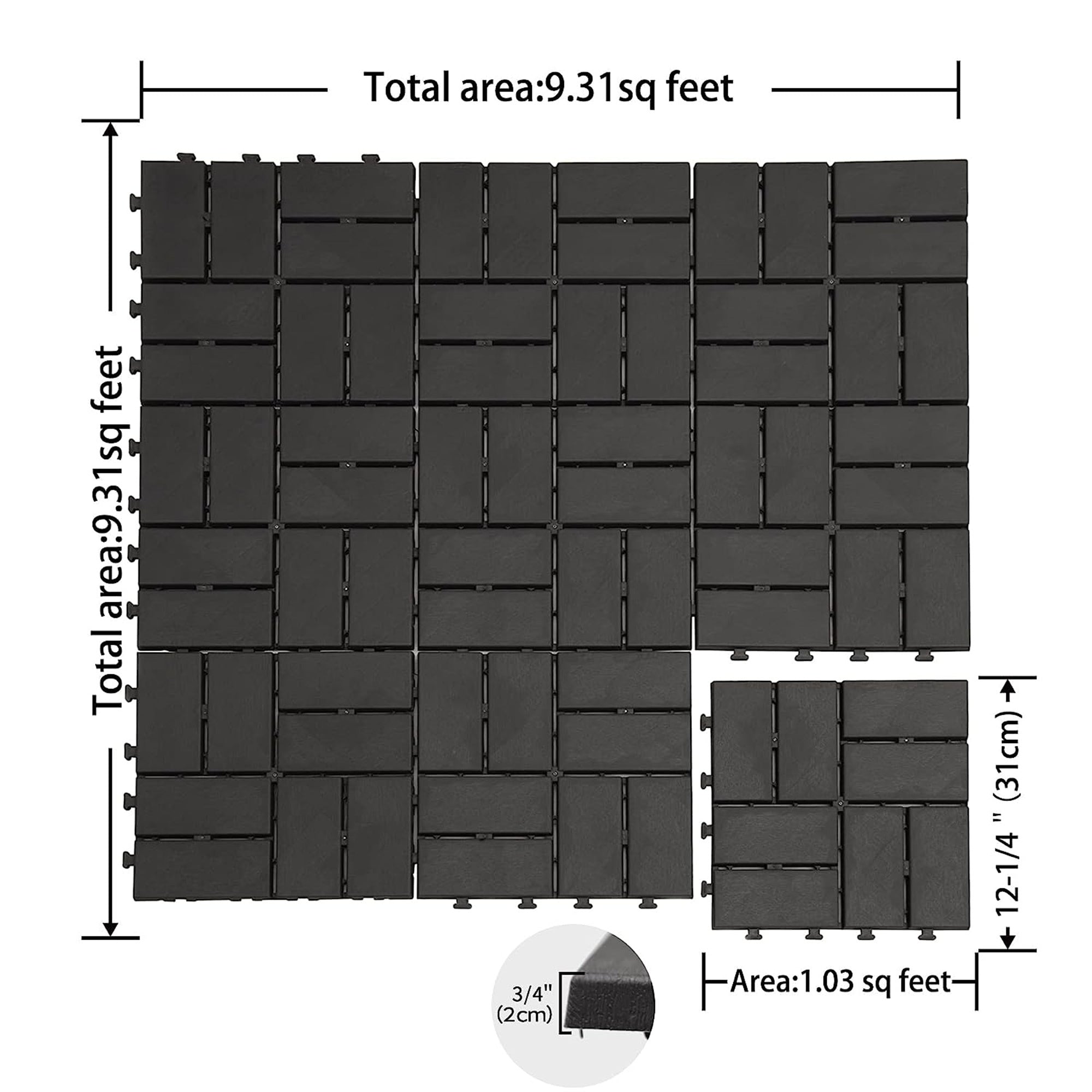 Patio Interlocking Deck Tiles, 12"x12" Square Composite Decking Tiles, Four Slat Plastic Outdoor Flooring Tile All Weather for Balcony Porch Backyard, (Gray, Pack of 27)