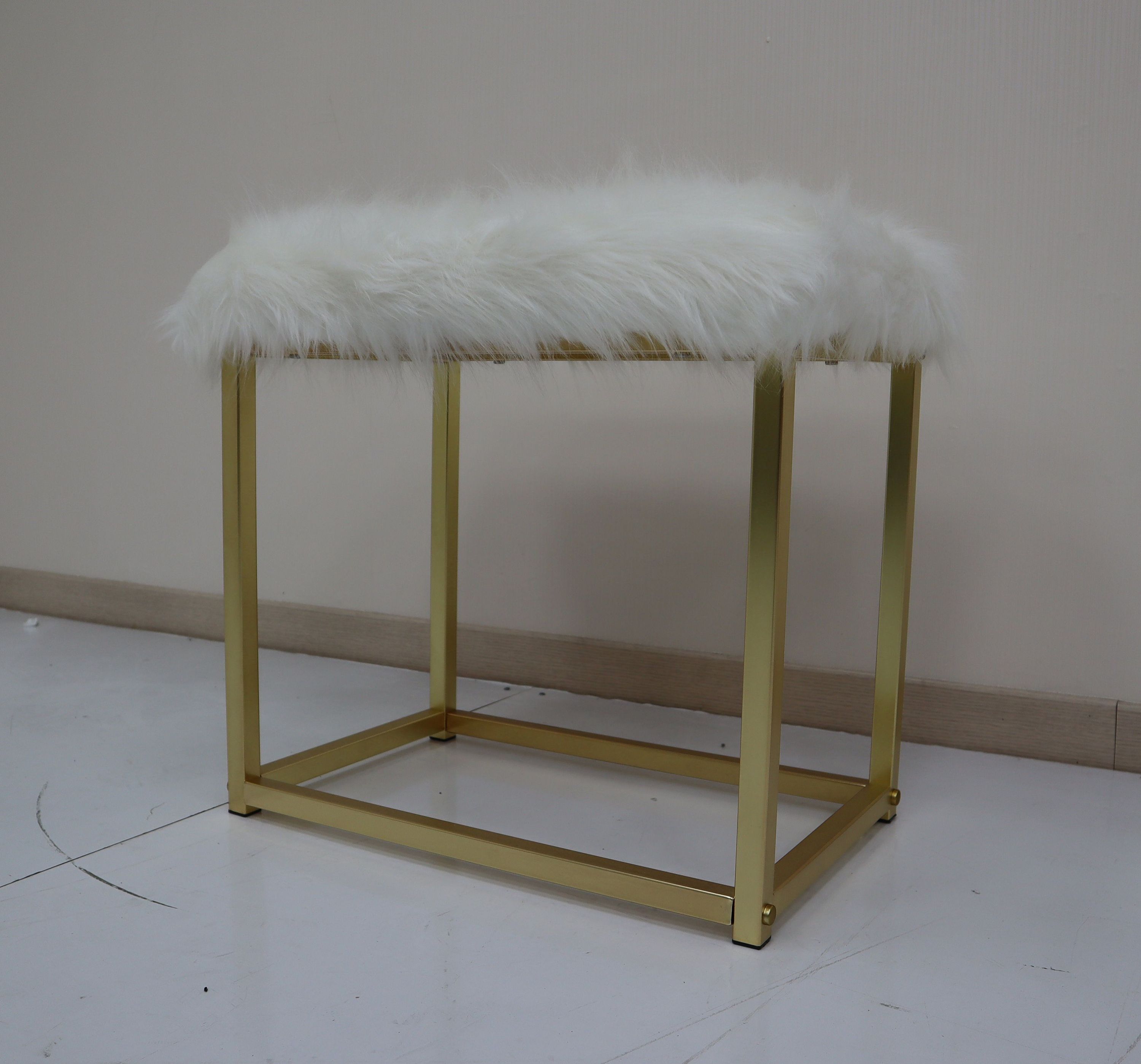 Vanity Mirror & Stool in Faux Fur, Mirror, White & Brass Finish AC00932