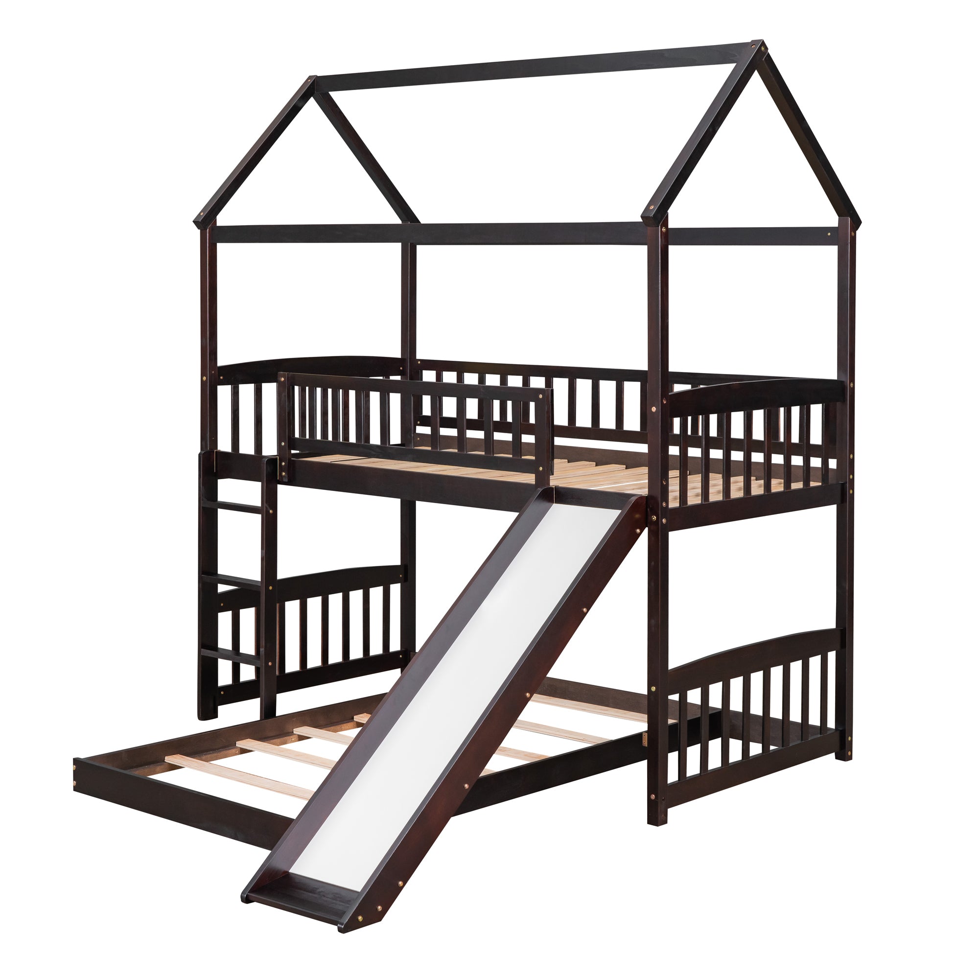 Twin Over Twin Bunk Bed with Slide, House Bed with Slide, Espresso(OLD SKU: LT000214AAP)