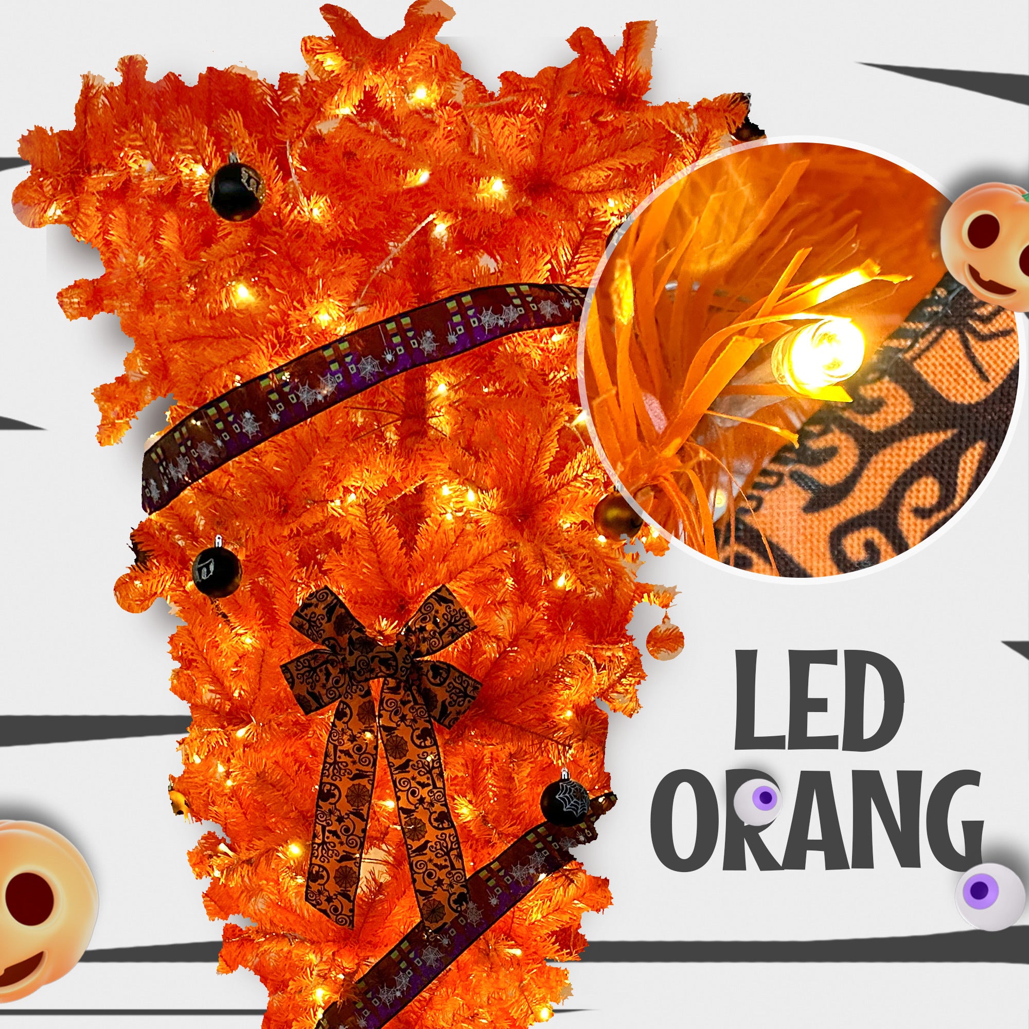 GO 7.5 FT Orange Upside Down Christmas Tree with 300 LED Warm Lights X-mas, Halloween-themed Ornaments and Satin Ribbon