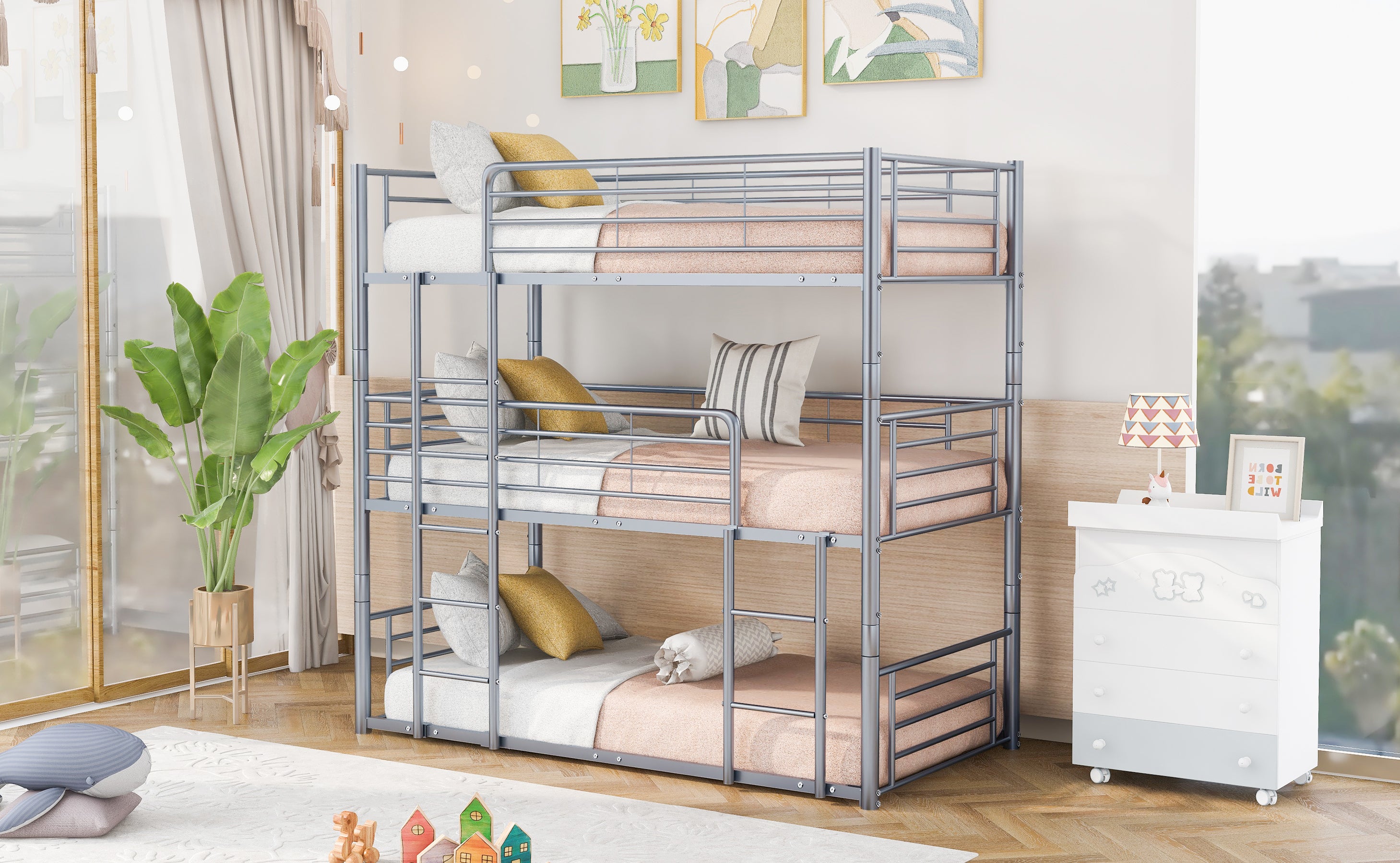 Twin-Twin-Twin Triple Bed with Built-in Ladder, Divided into Three Separate Beds,Gray(OLD SKU:LP000197AAE)