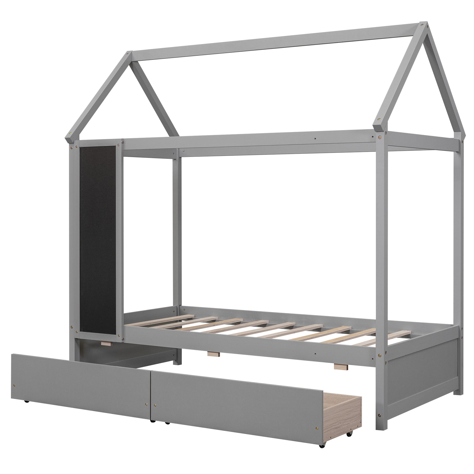 Twin Size House Bed with Drawers and Blackboard, Gray
